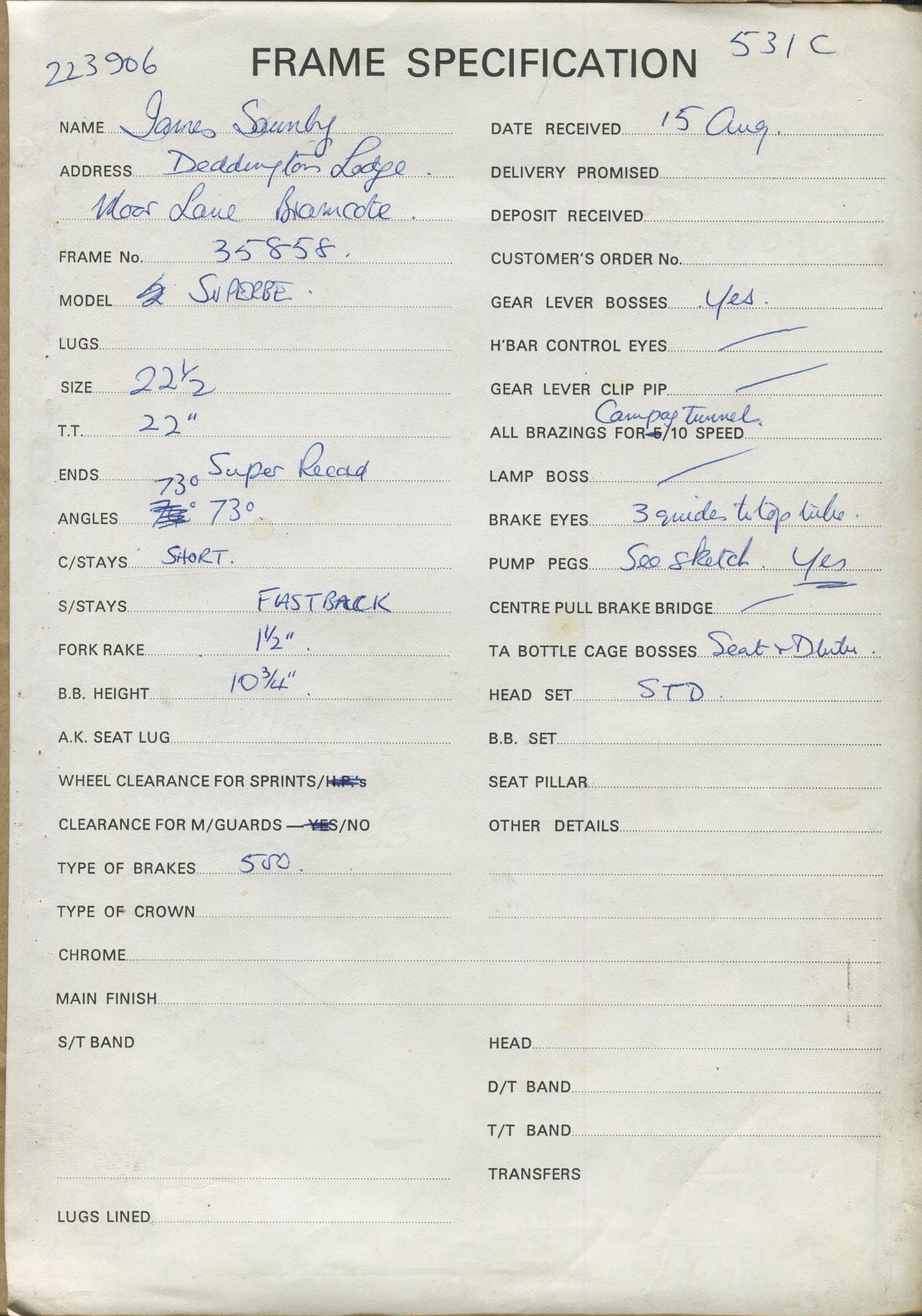 Workshop sheet for Superbe frame 35858