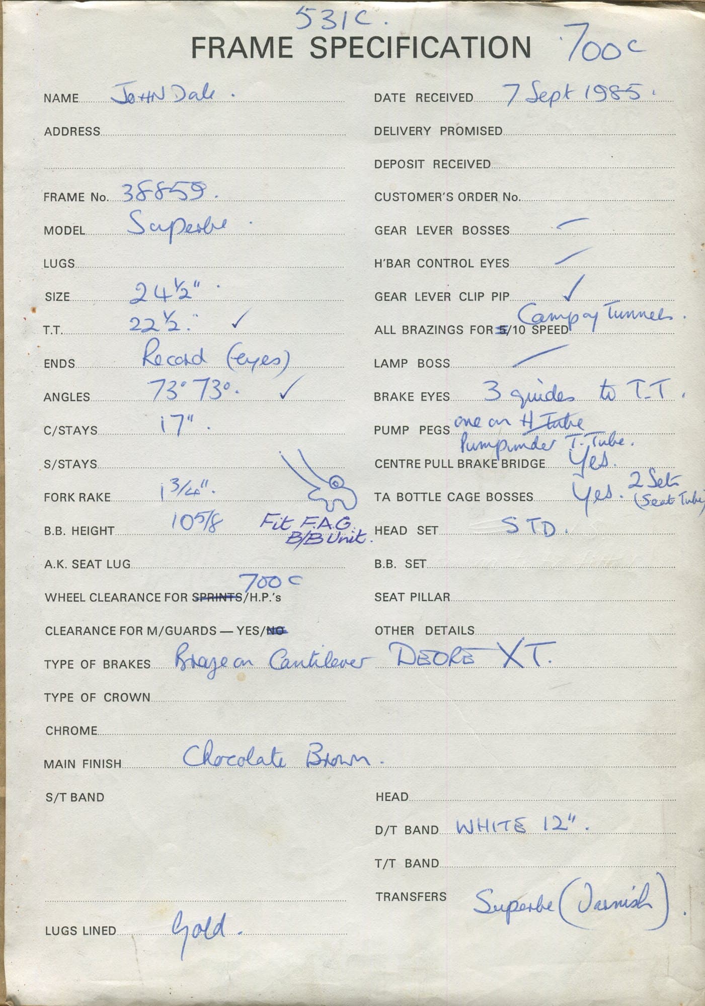 Workshop sheet for Superbe frame 38859