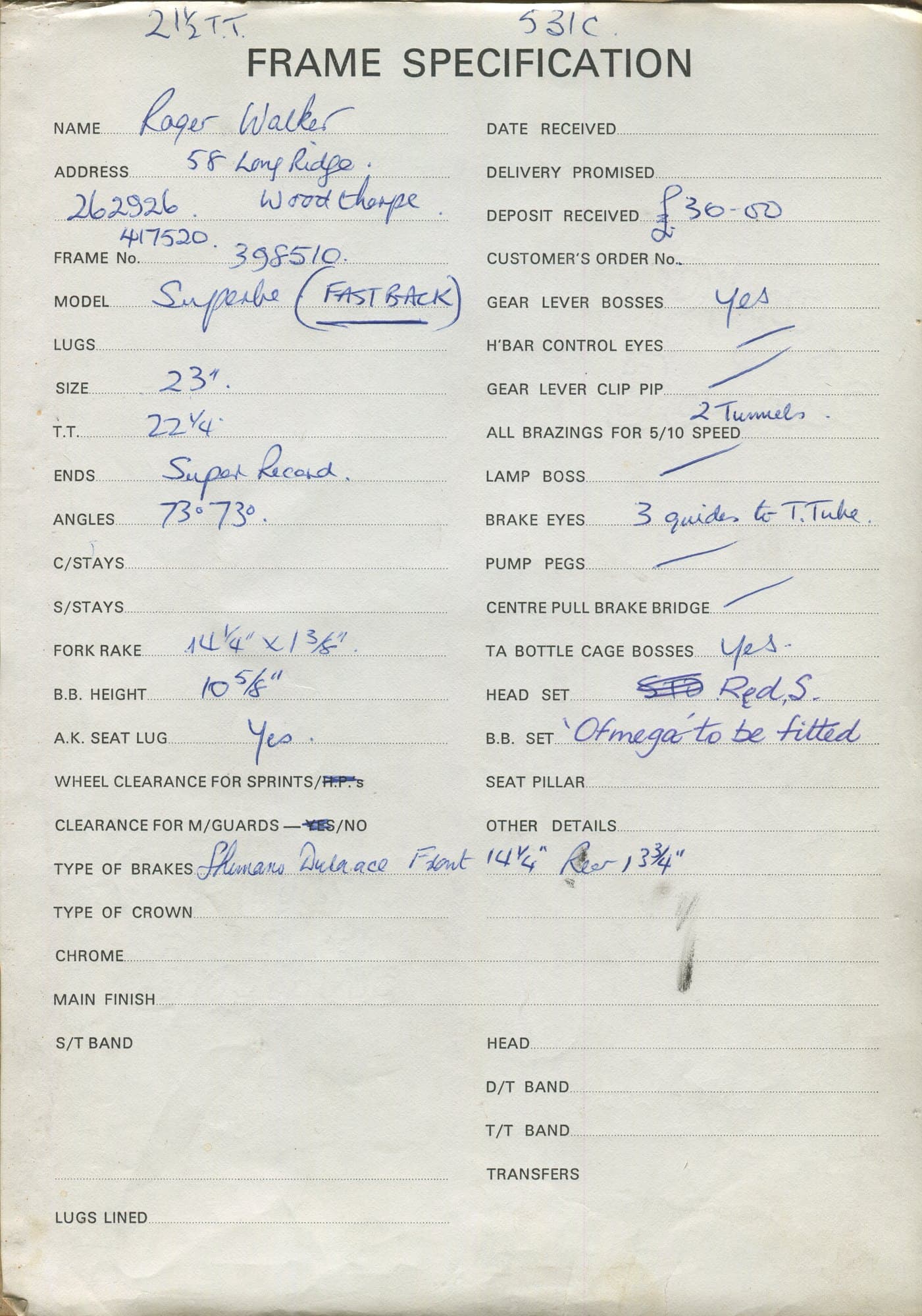 Workshop sheet for Superbe frame 398510
