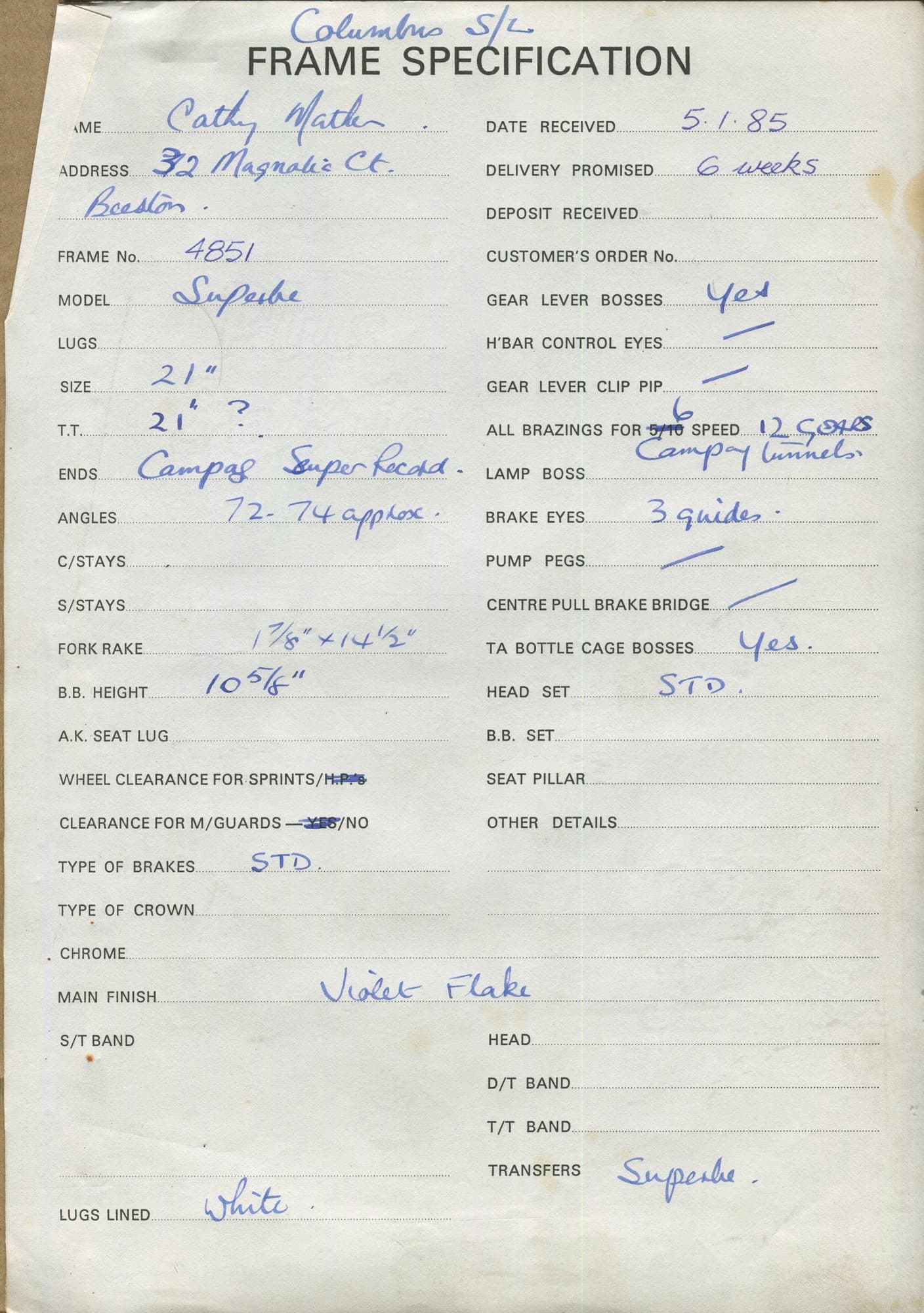 Workshop sheet for Superbe frame 4851