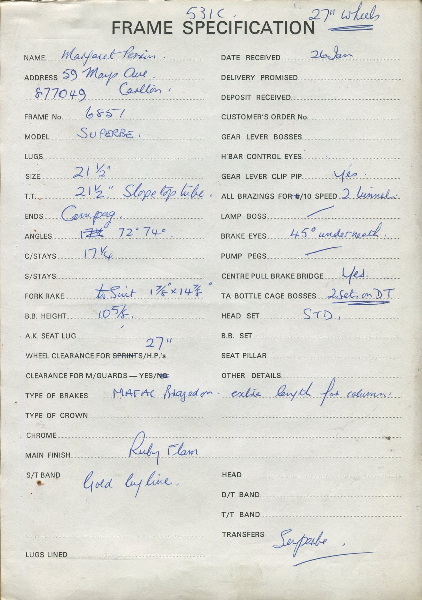 Workshop sheet for Superbe frame 6851