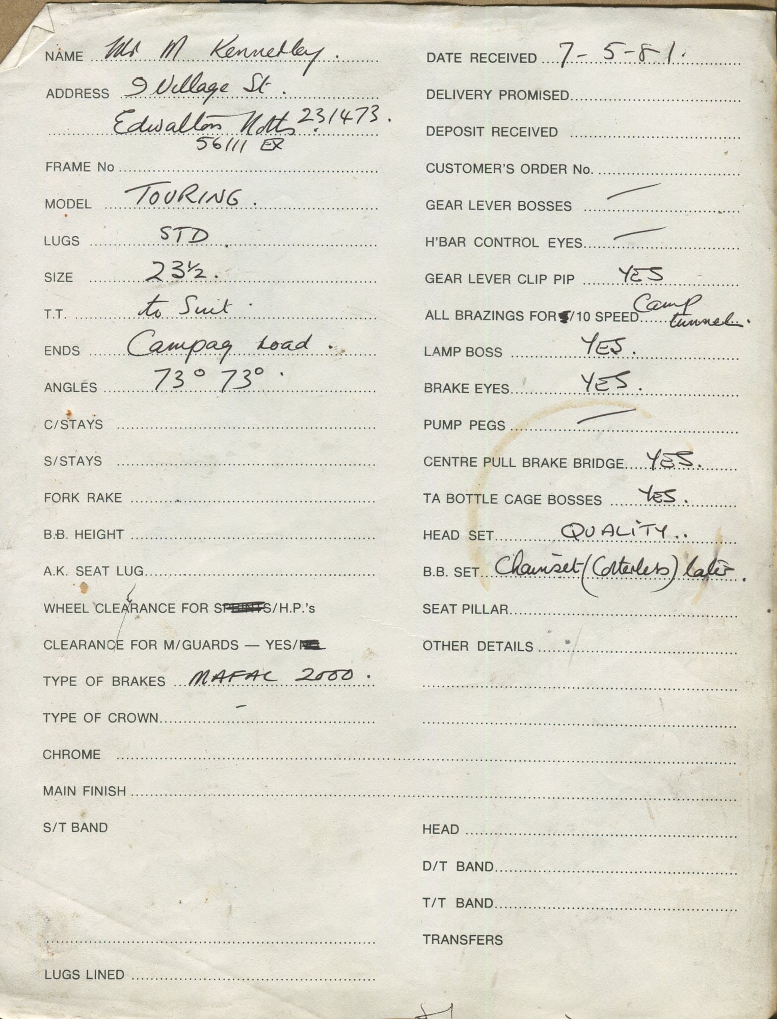 Workshop sheet for Superbe frame 81107