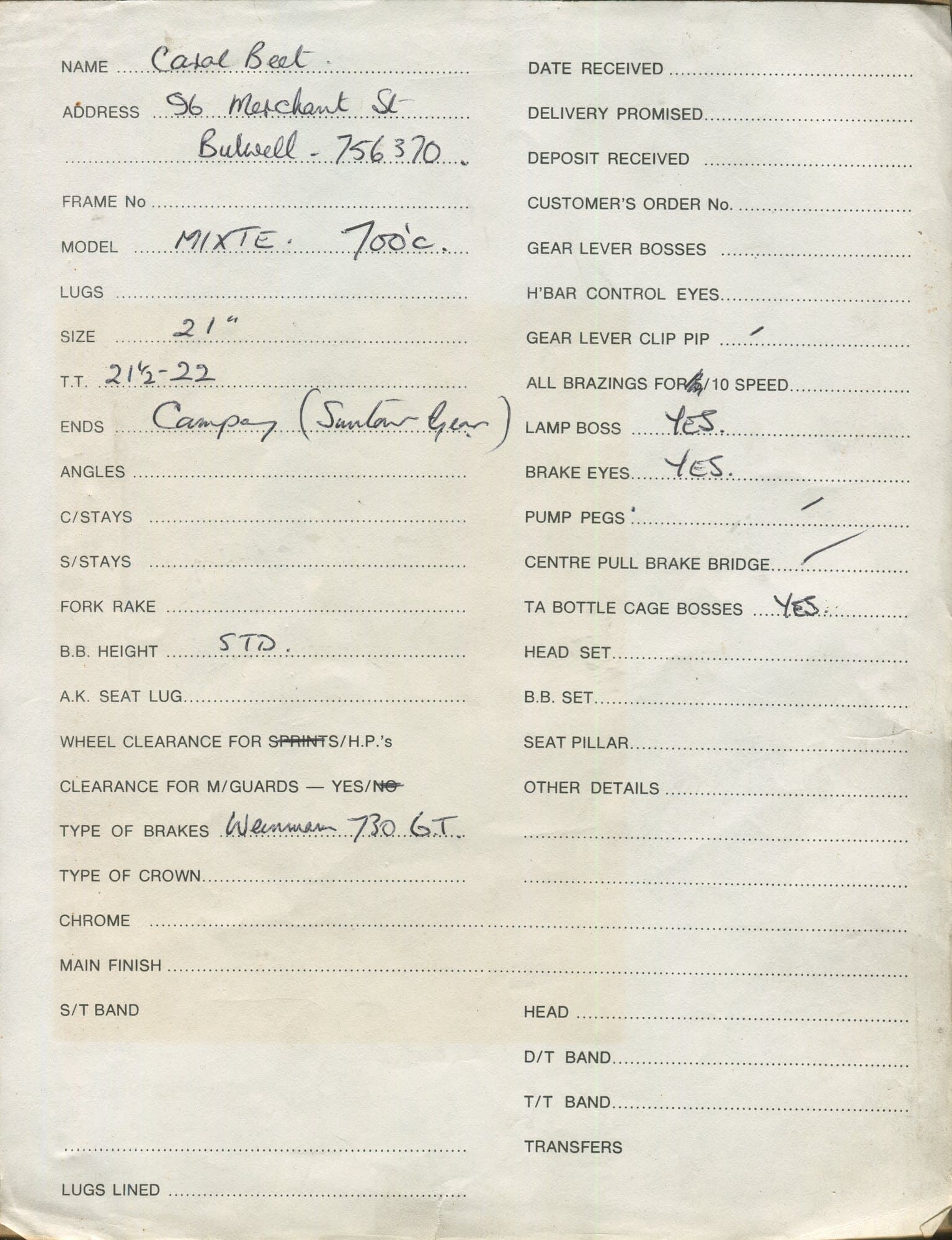 Workshop sheet for Superbe frame 81111