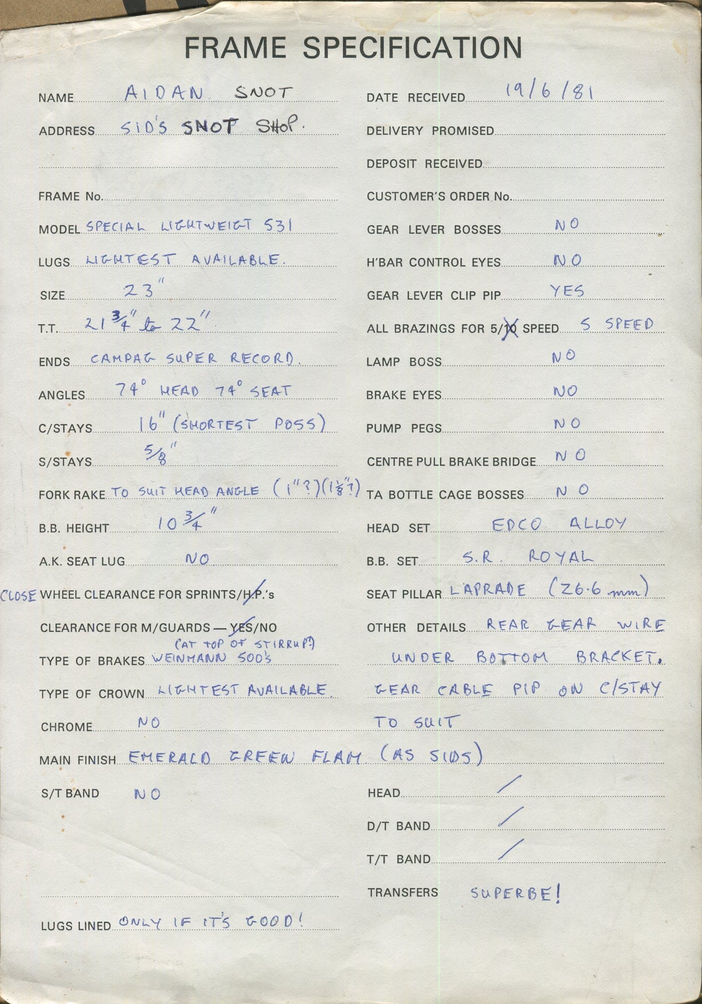 Workshop sheet for Superbe frame 81115