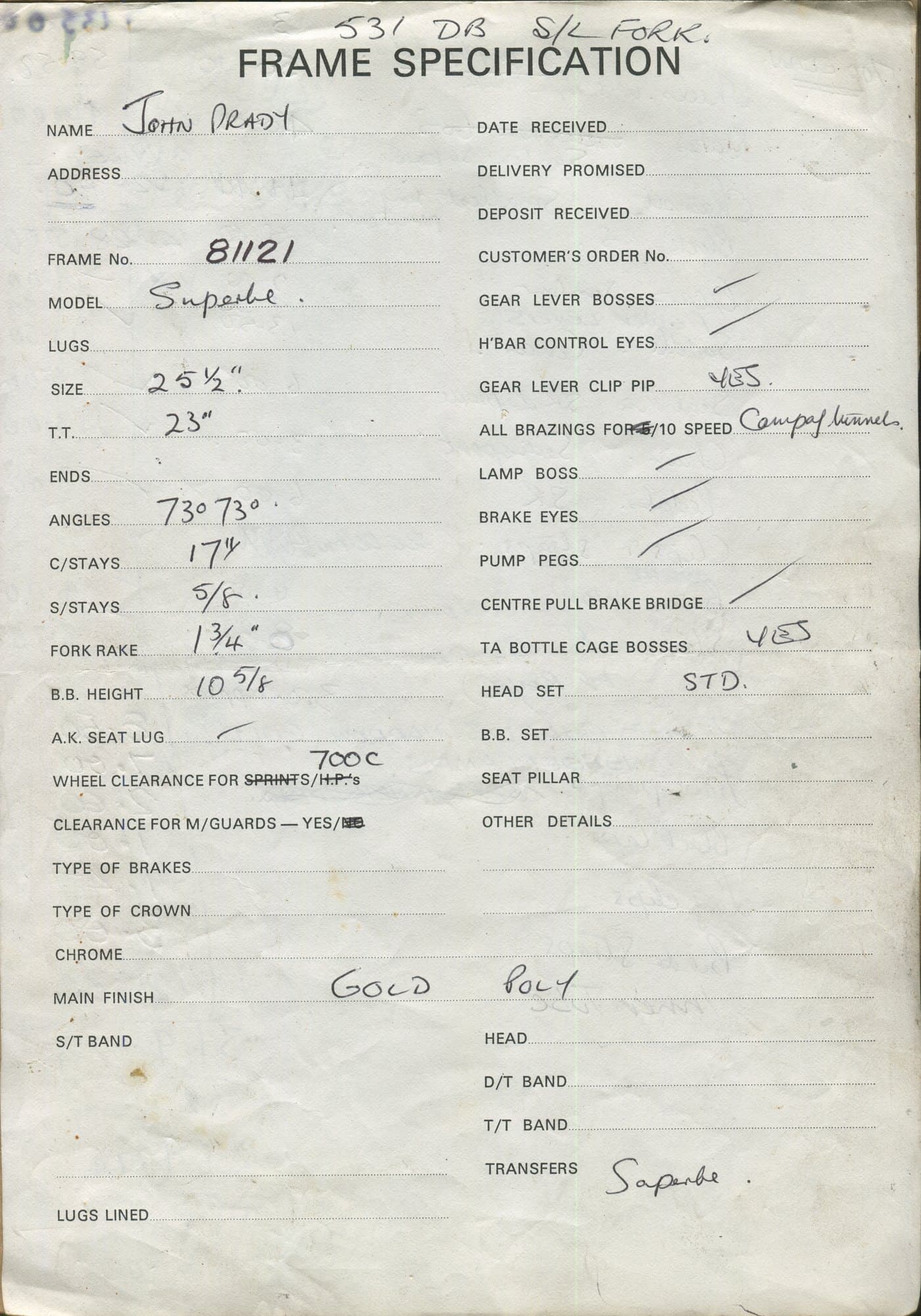 Workshop sheet for Superbe frame 81121