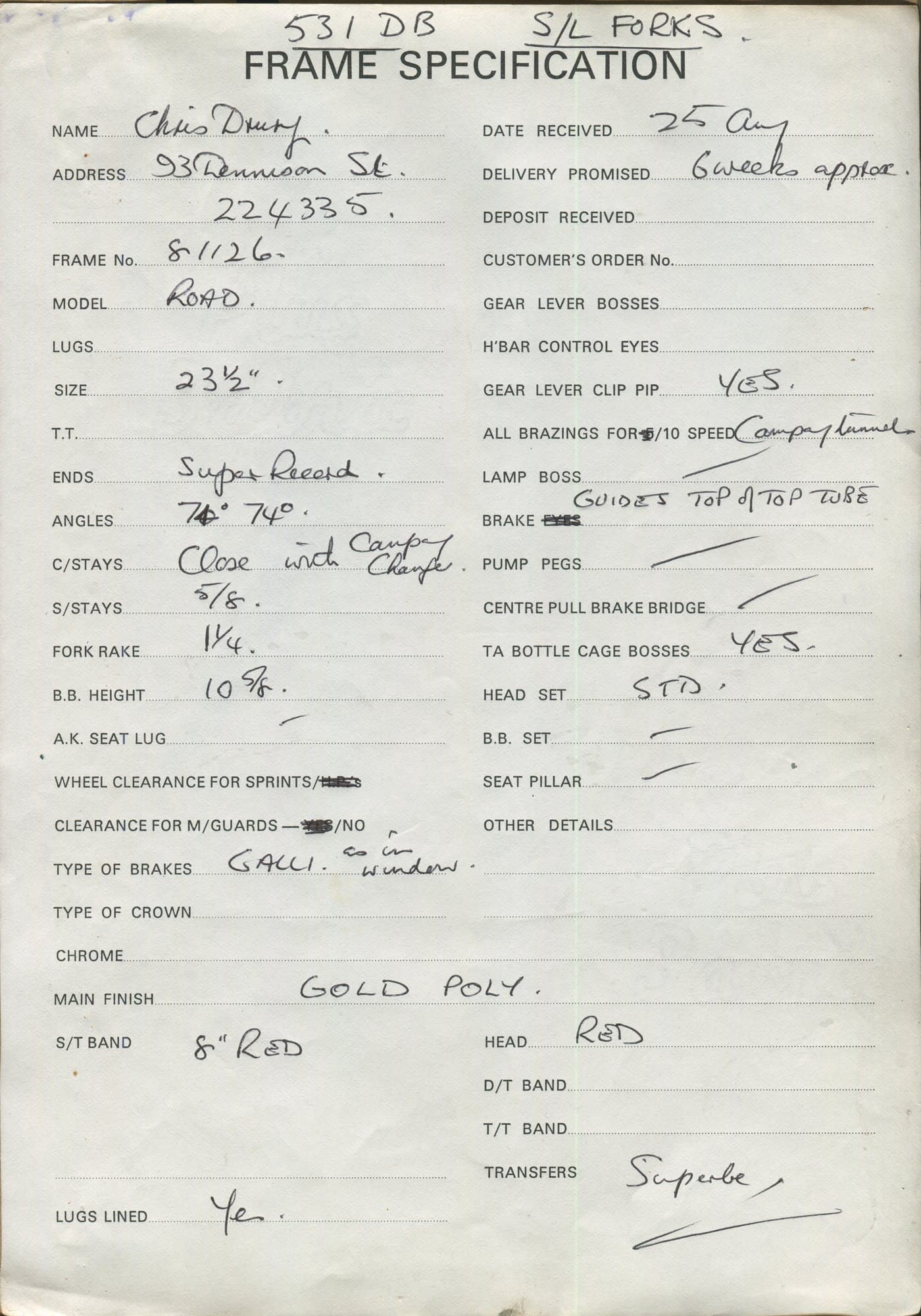 Workshop sheet for Superbe frame 81126