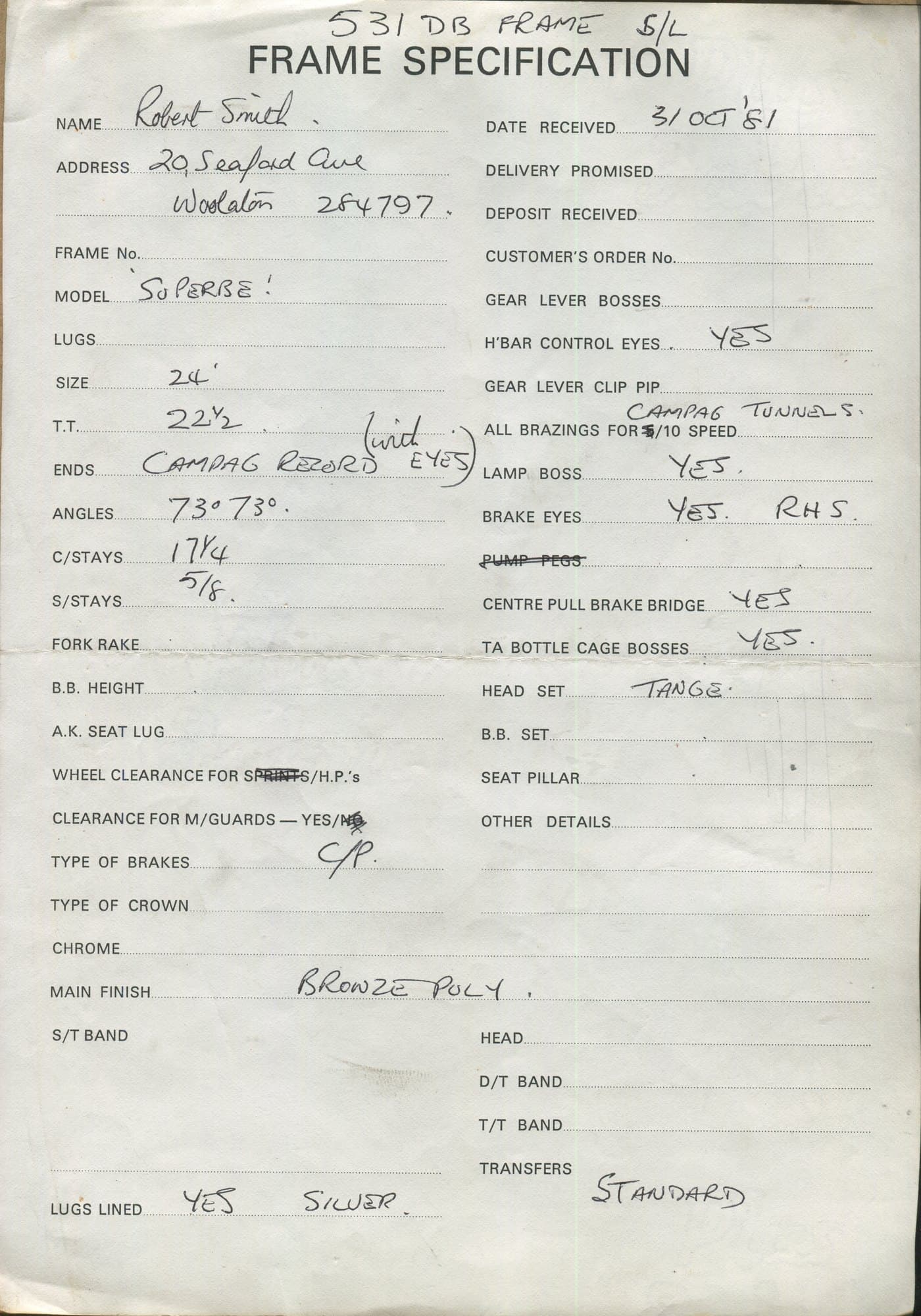 Workshop sheet for Superbe frame 81133
