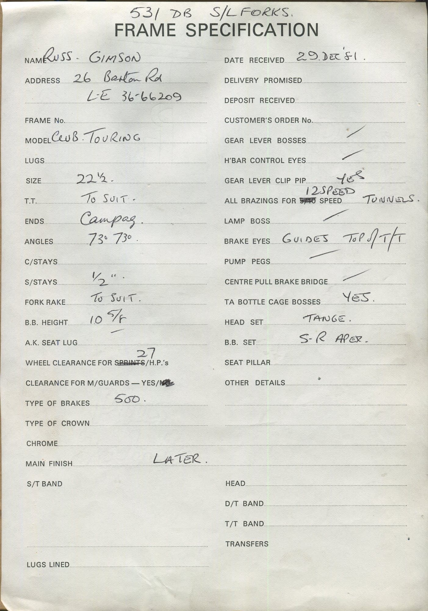 Workshop sheet for Superbe frame 81144