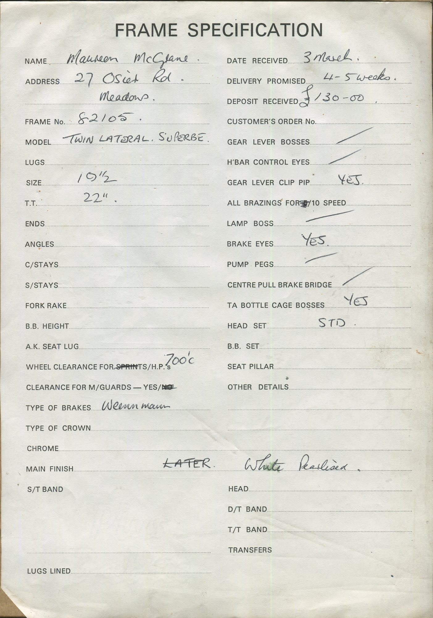 Workshop sheet for Superbe frame 82105