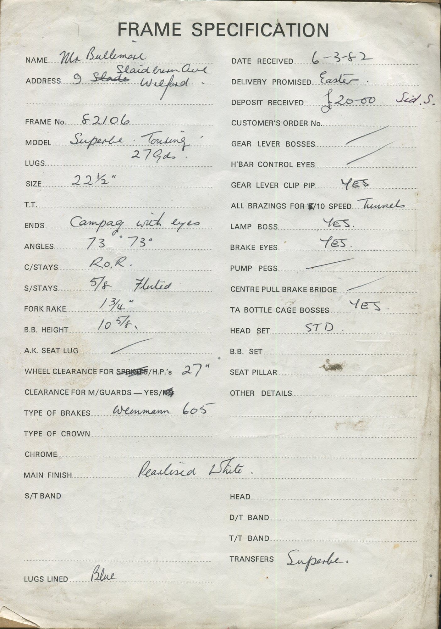 Workshop sheet for Superbe frame 82106