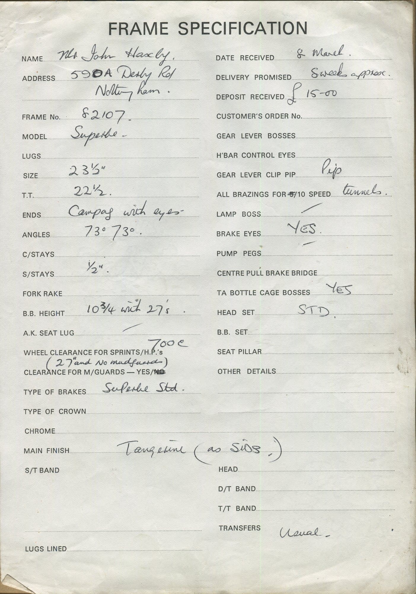 Workshop sheet for Superbe frame 82107