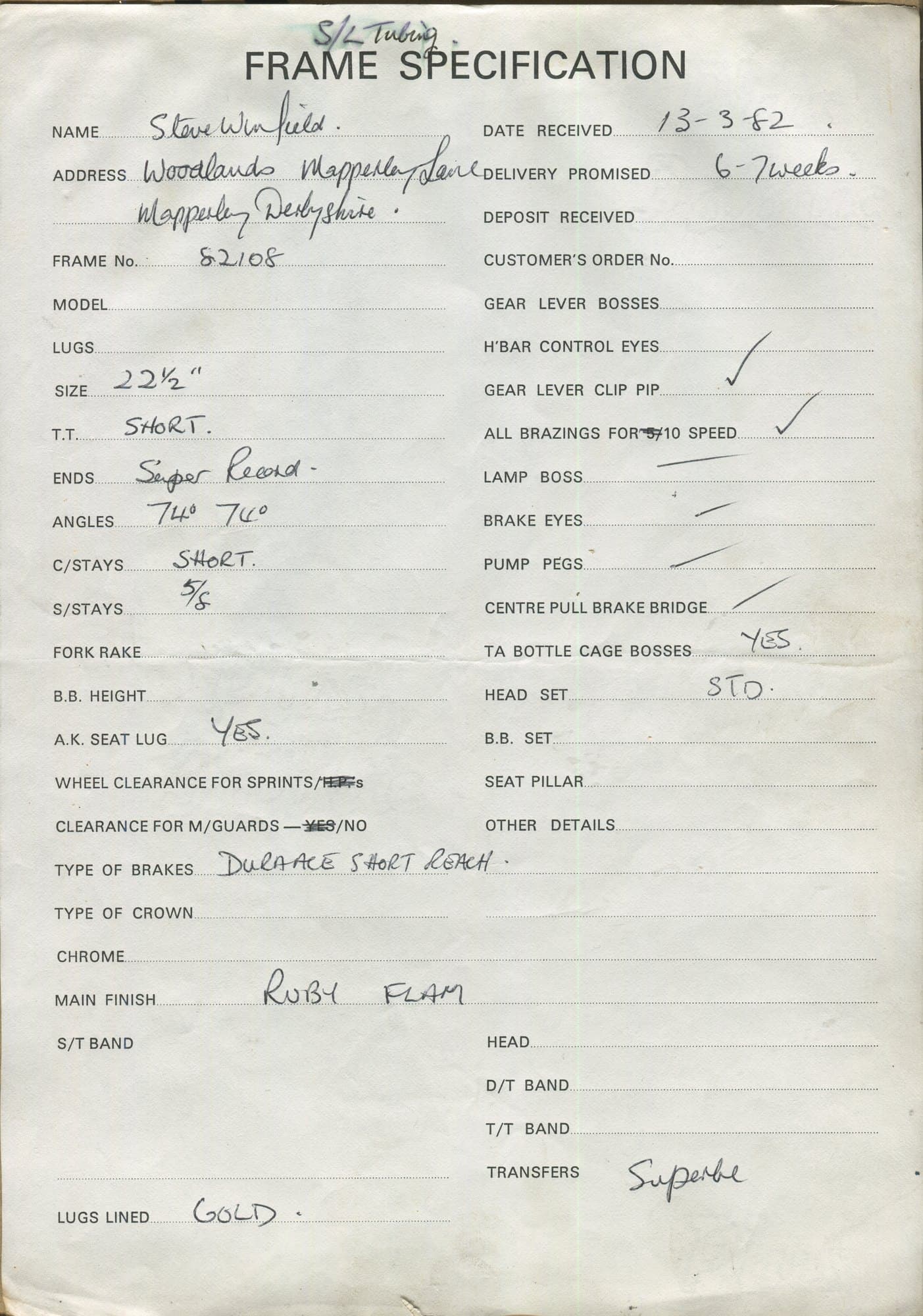 Workshop sheet for Superbe frame 82108