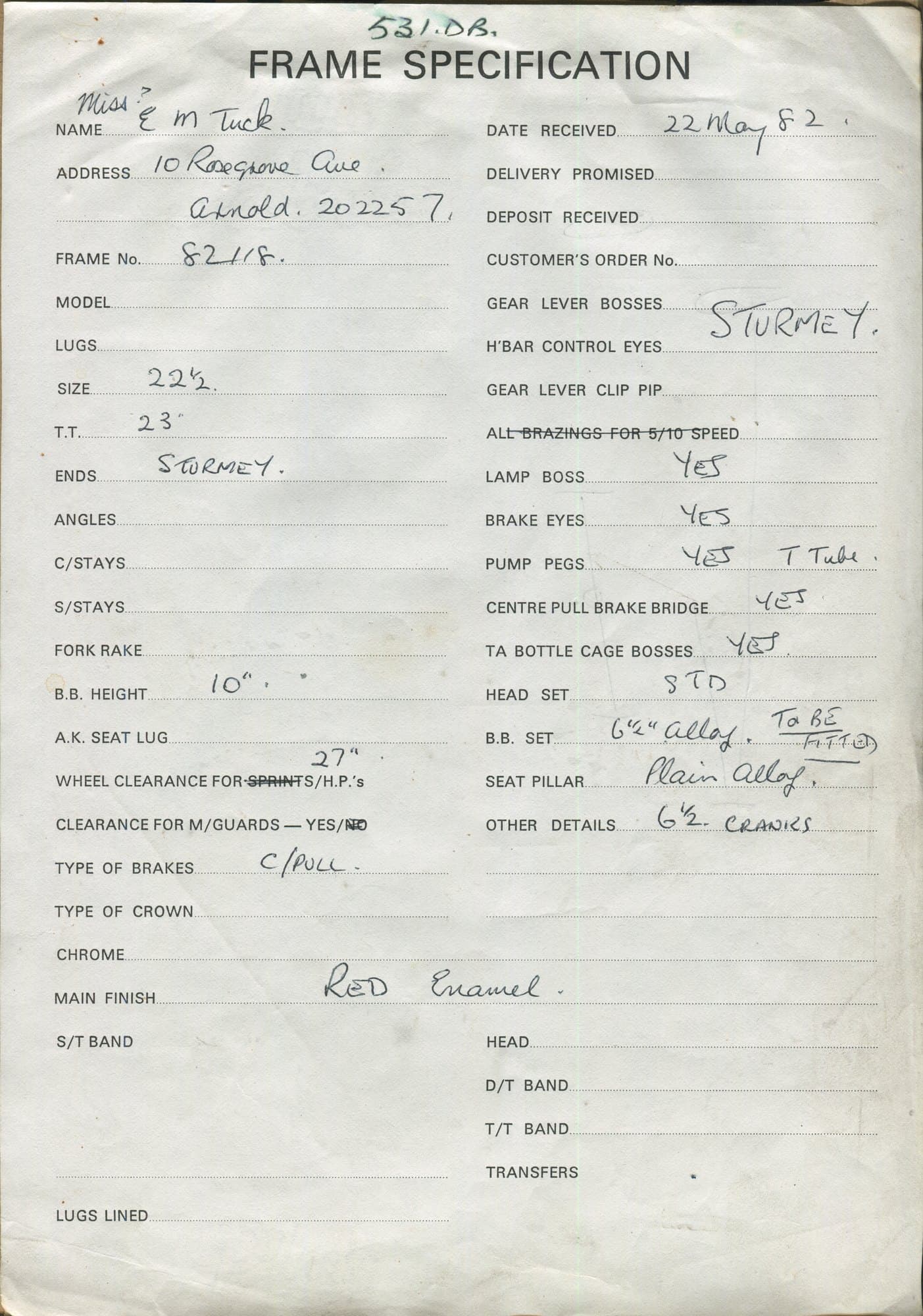 Workshop sheet for Superbe frame 82118