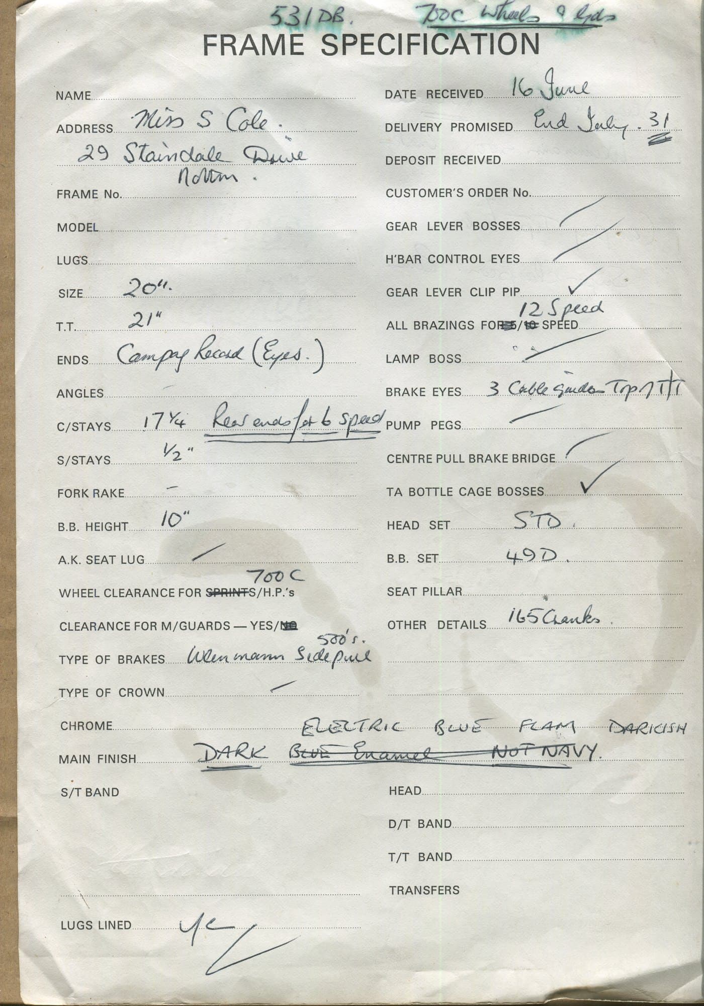 Workshop sheet for Superbe frame 82122