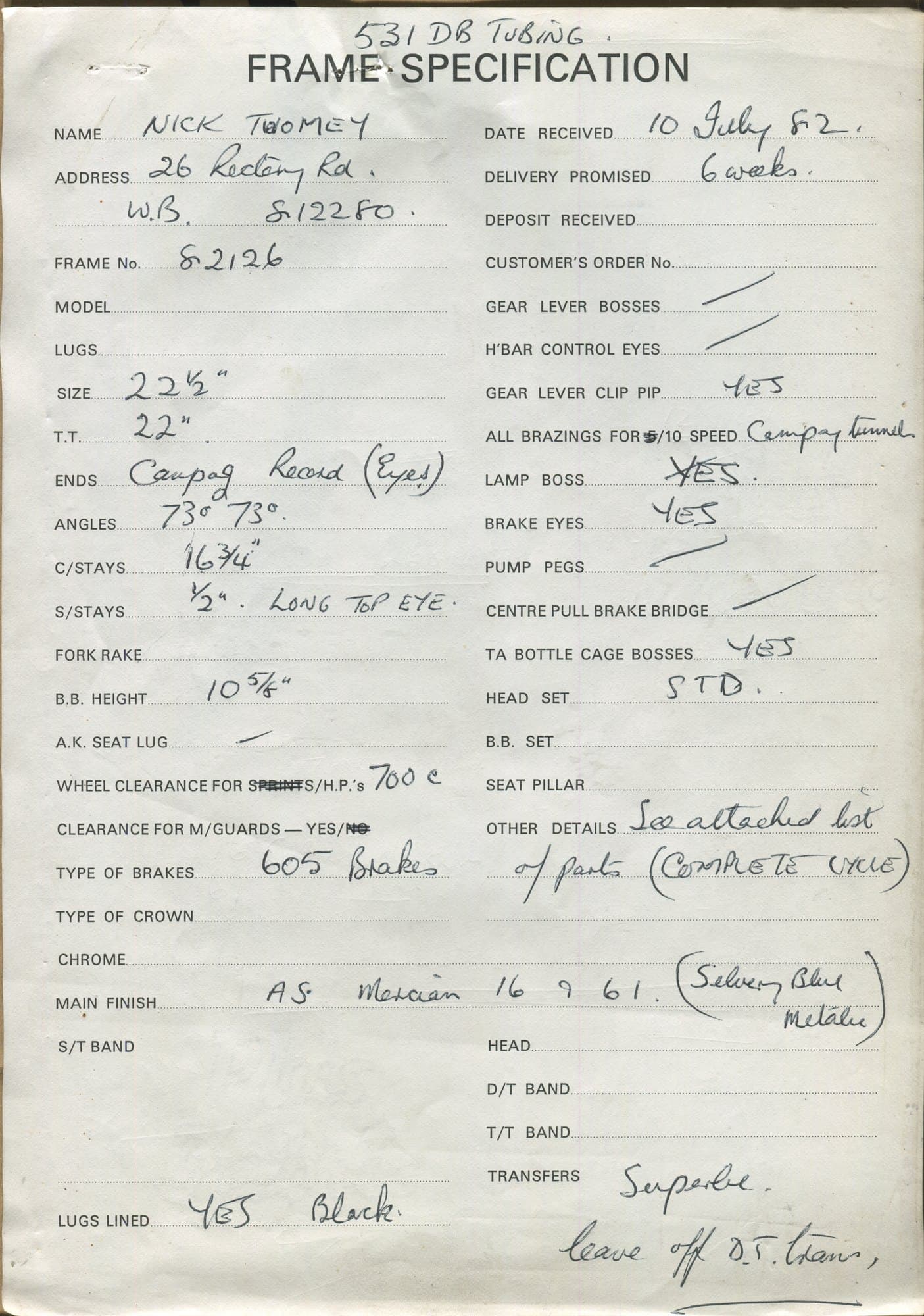 Workshop sheet for Superbe frame 82126