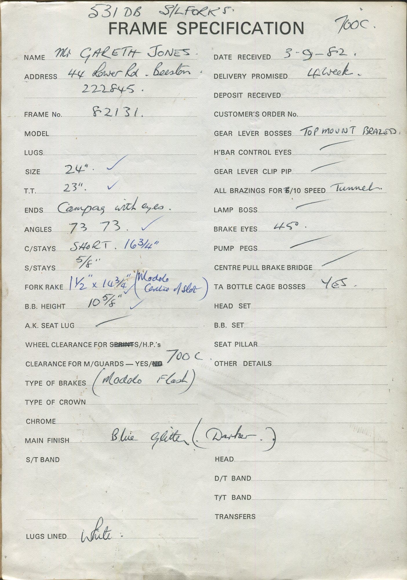 Workshop sheet for Superbe frame 82131