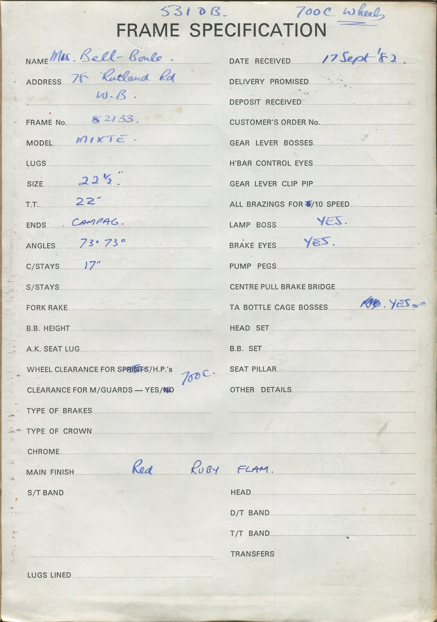 Workshop sheet for Superbe frame 82133