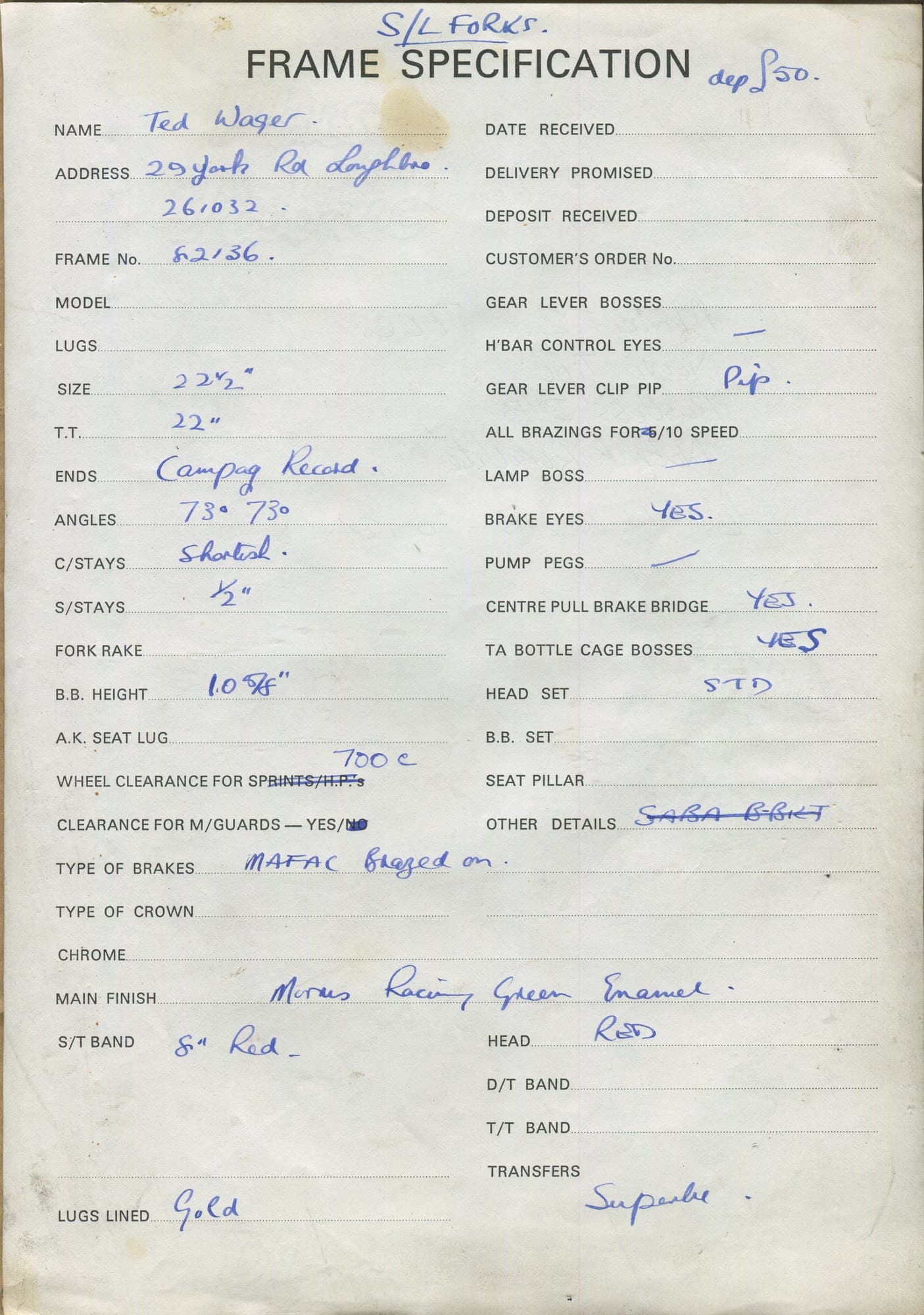 Workshop sheet for Superbe frame 82136