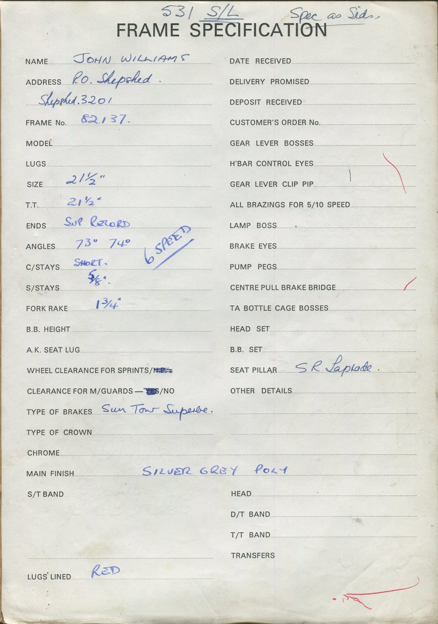 Workshop sheet for Superbe frame 82137