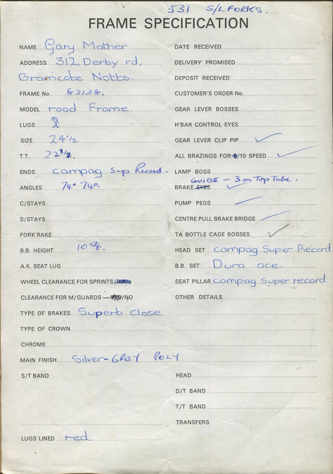 Workshop sheet for Superbe frame 82138