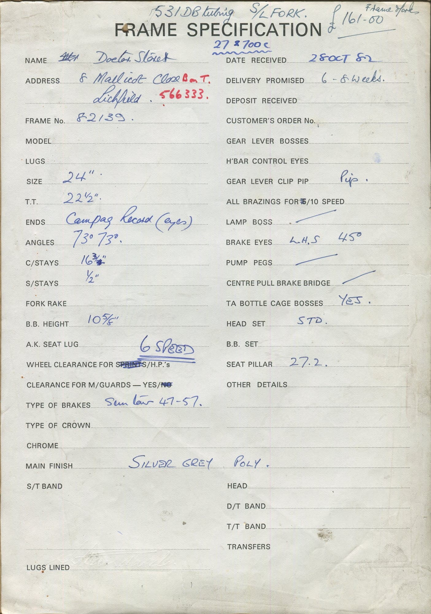 Workshop sheet for Superbe frame 82139