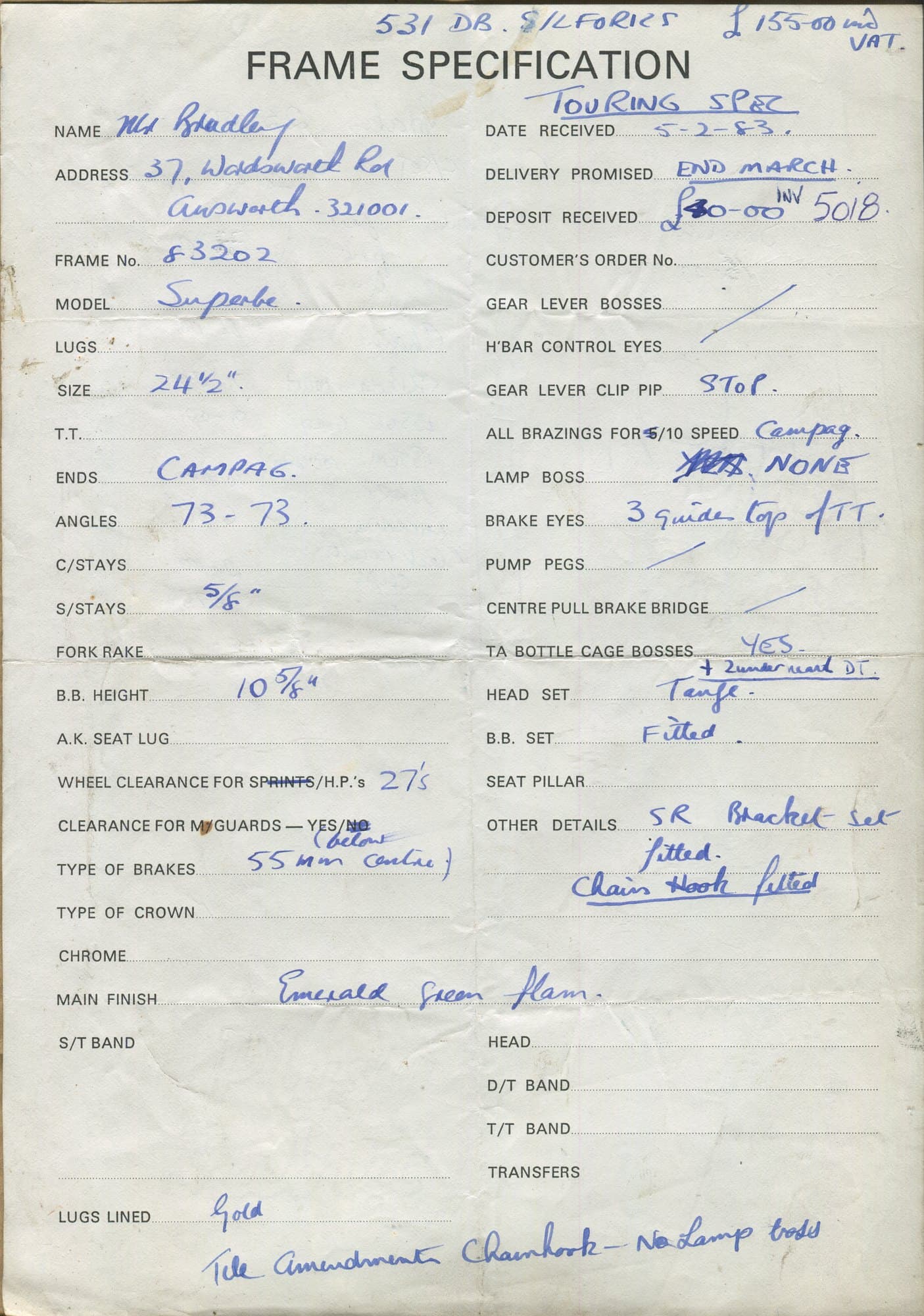 Workshop sheet for Superbe frame 83202