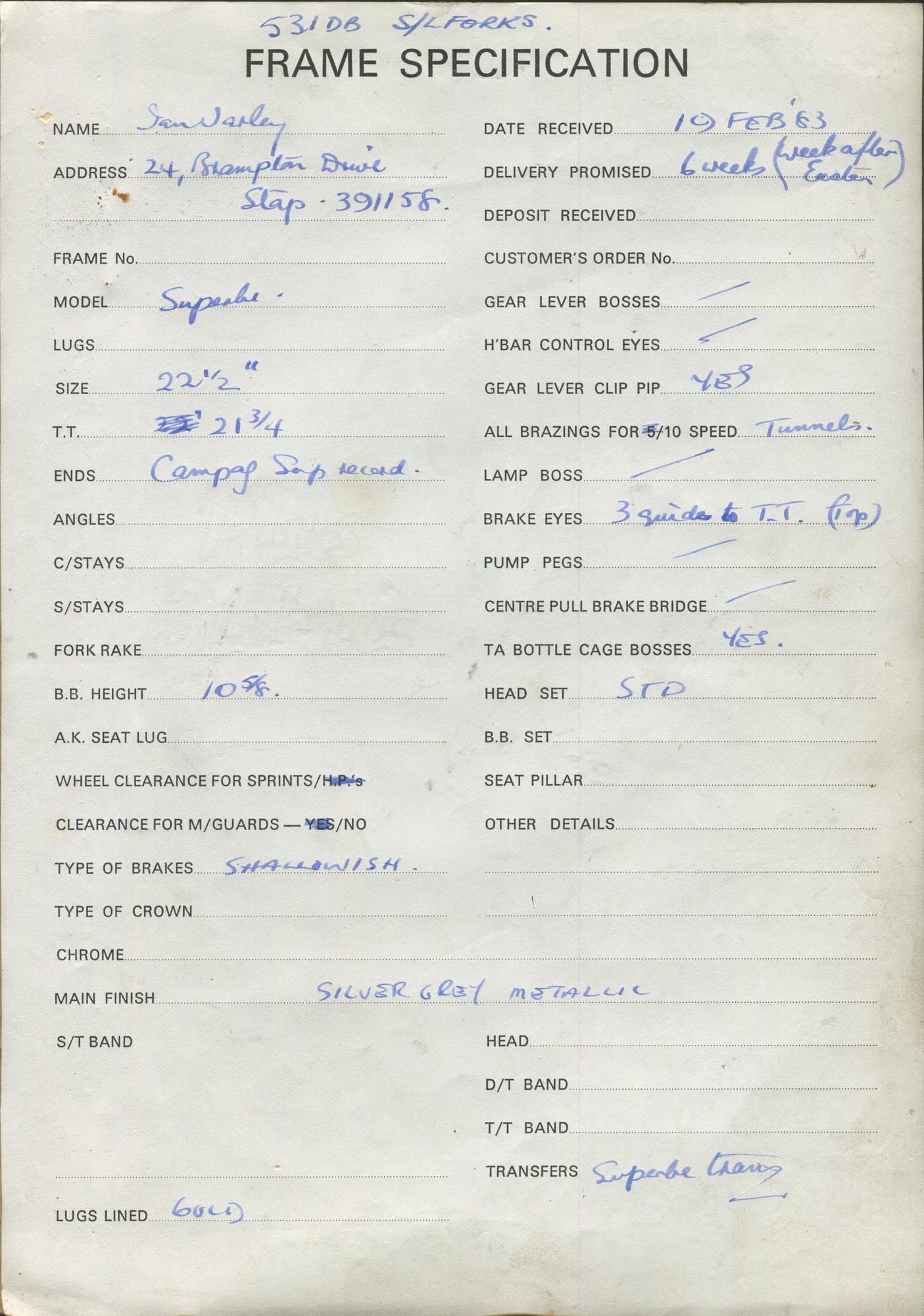 Workshop sheet for Superbe frame 83206