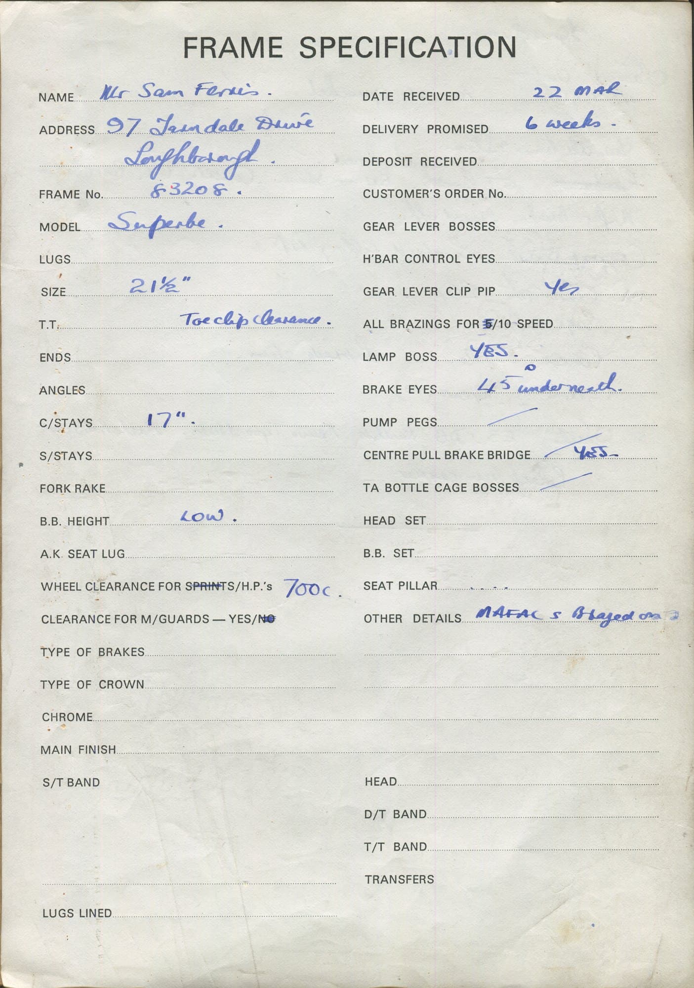 Workshop sheet for Superbe frame 83208