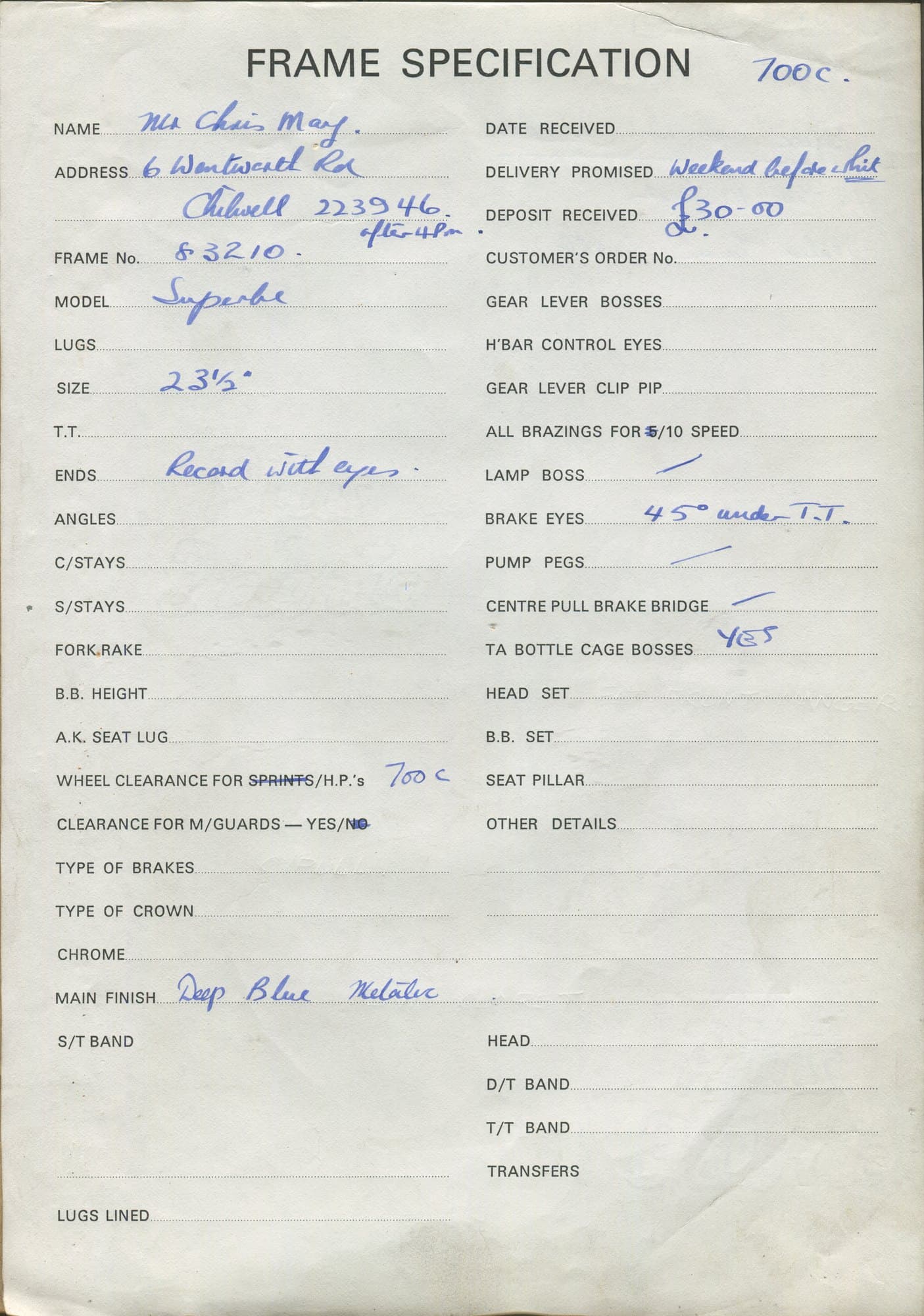 Workshop sheet for Superbe frame 83210