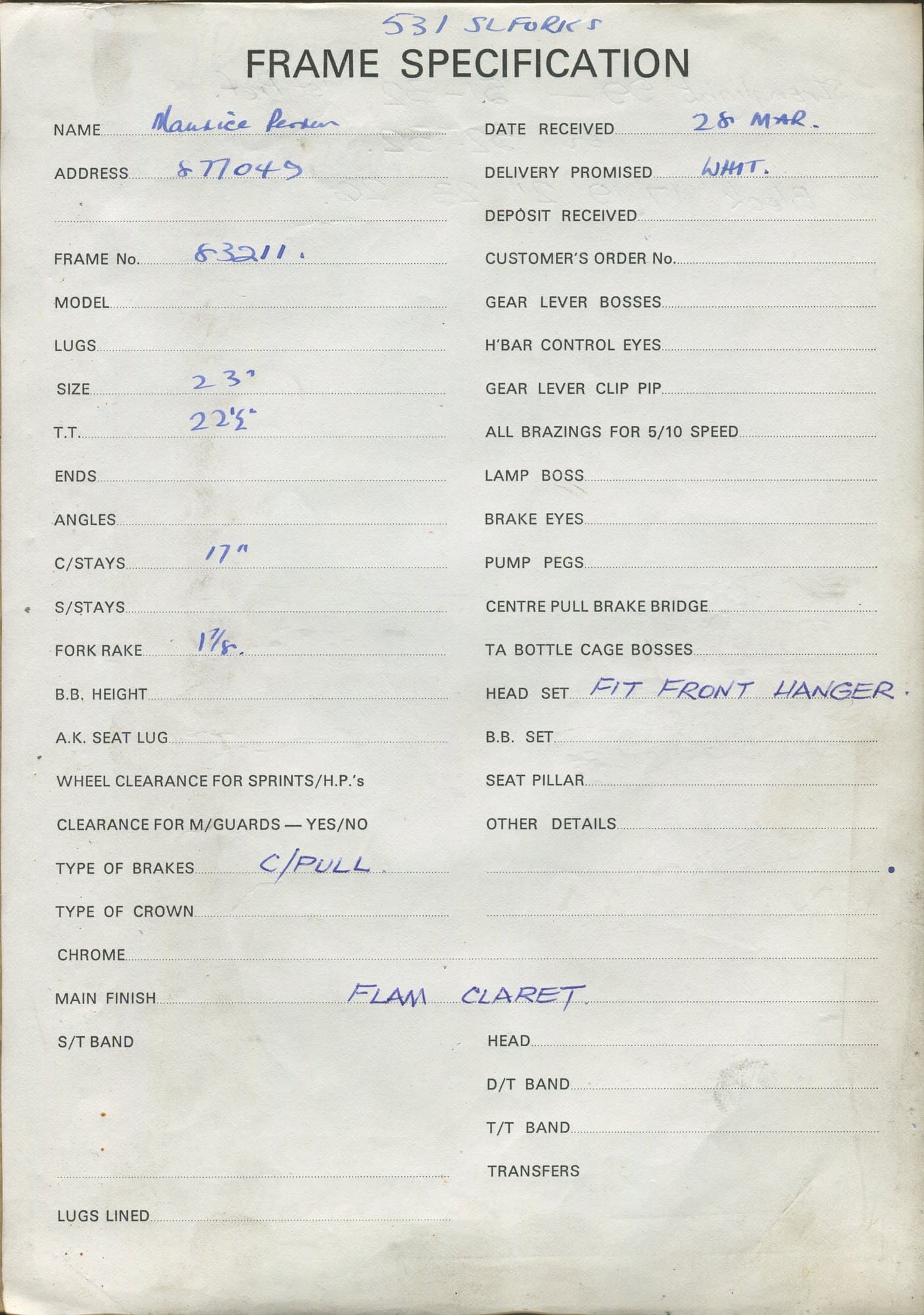 Workshop sheet for Superbe frame 83211