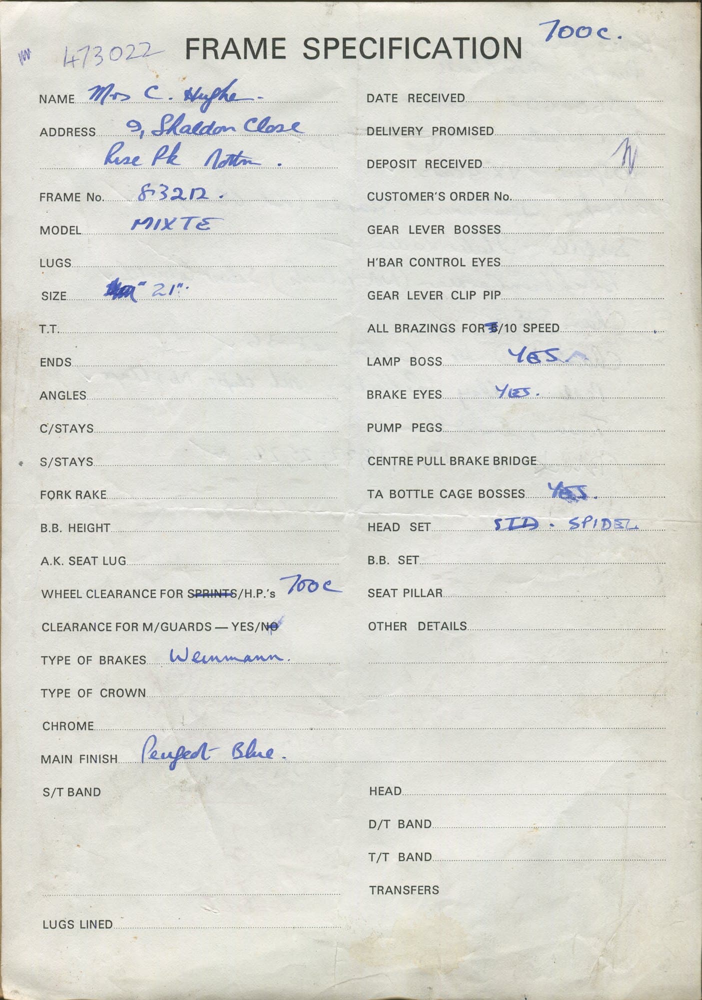 Workshop sheet for Superbe frame 83212