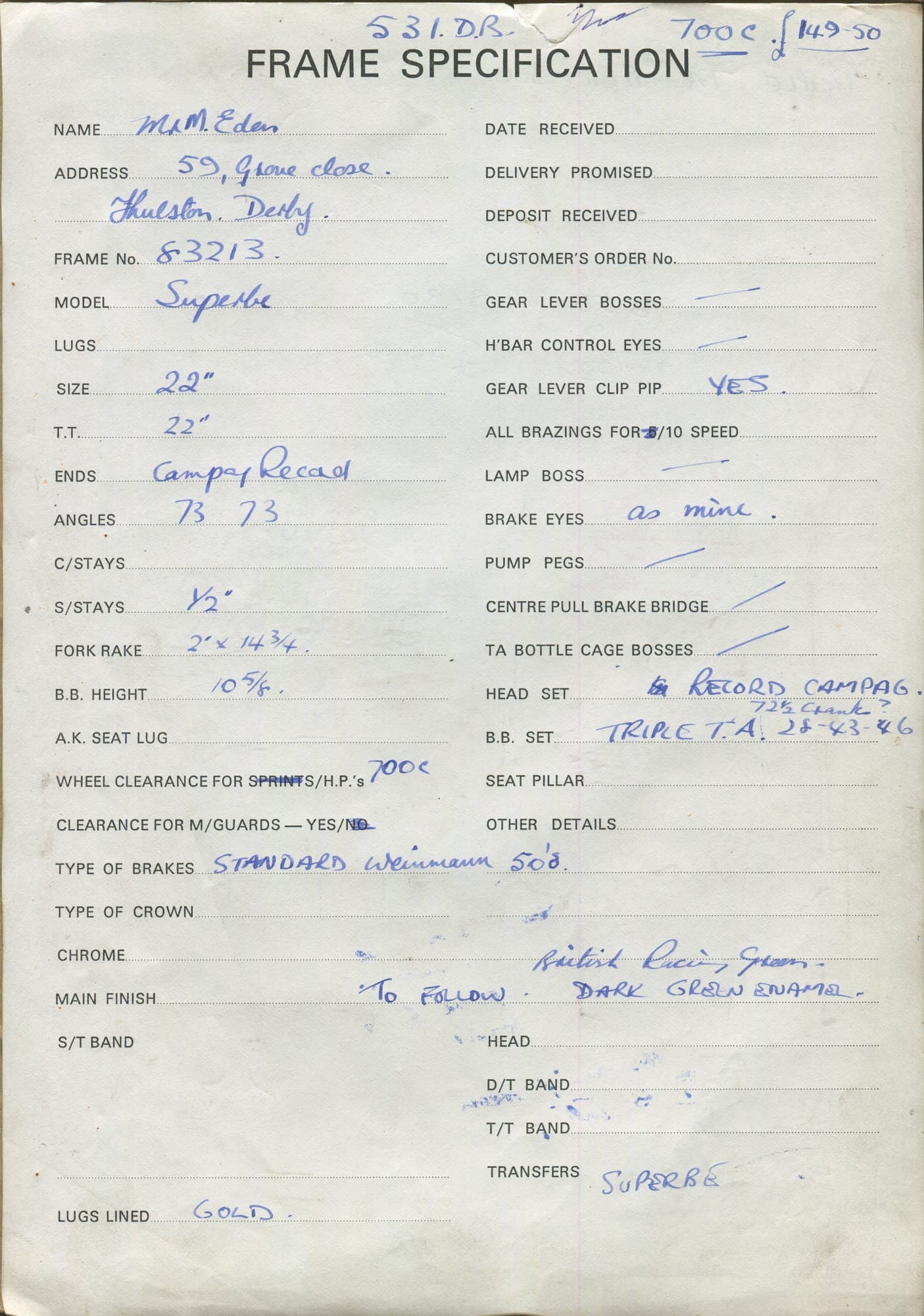 Workshop sheet for Superbe frame 83213