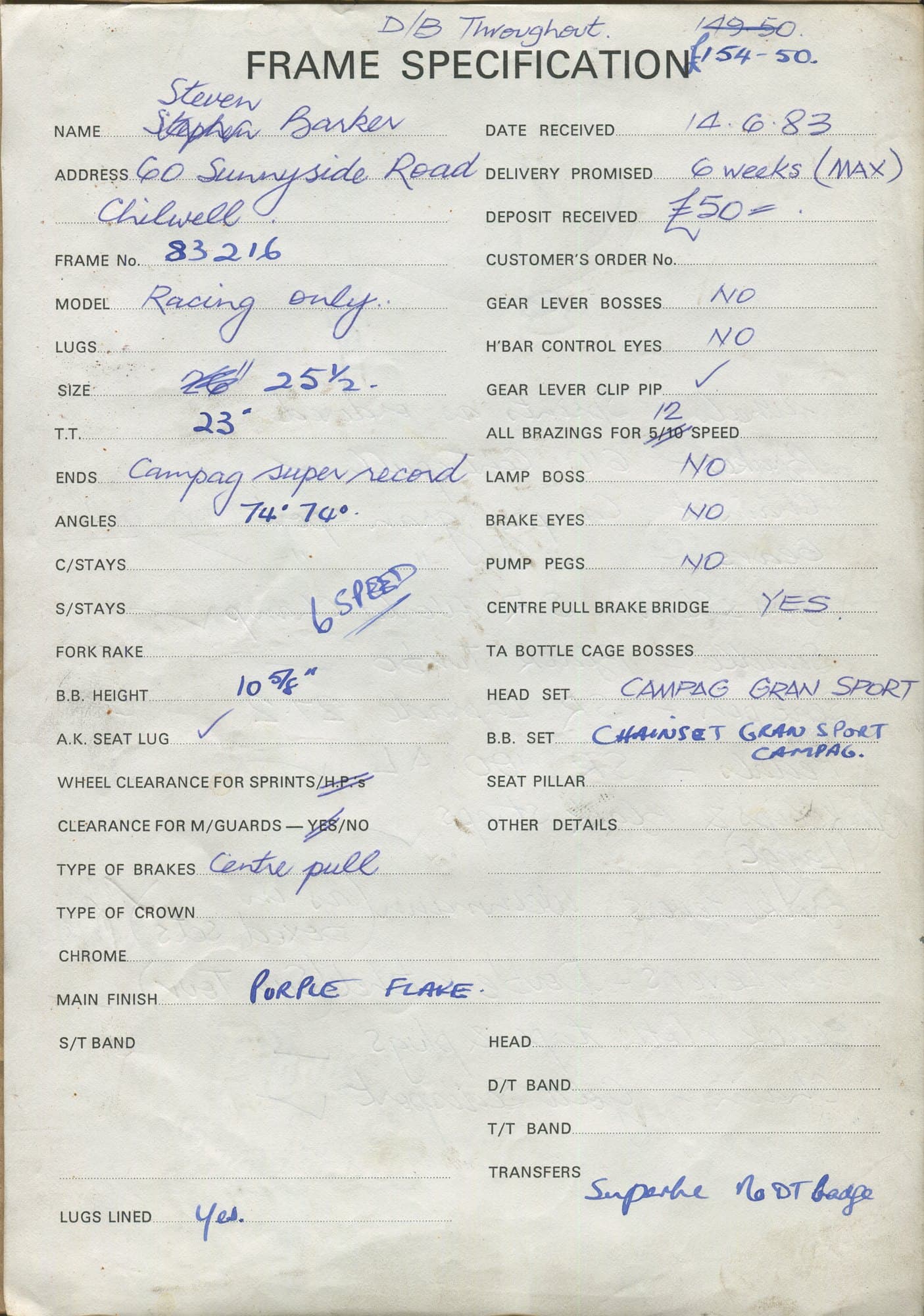 Workshop sheet for Superbe frame 83216