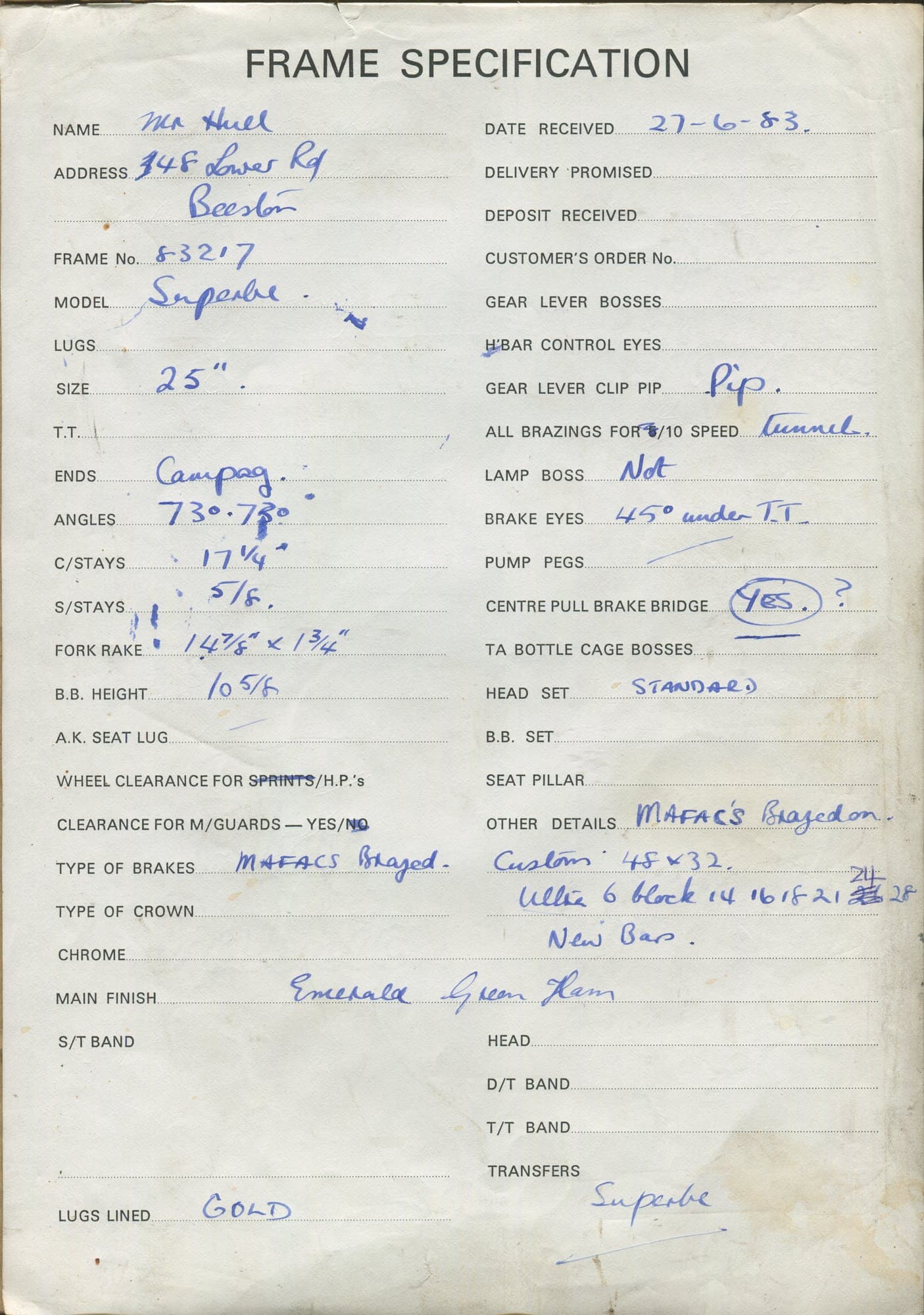 Workshop sheet for Superbe frame 83217