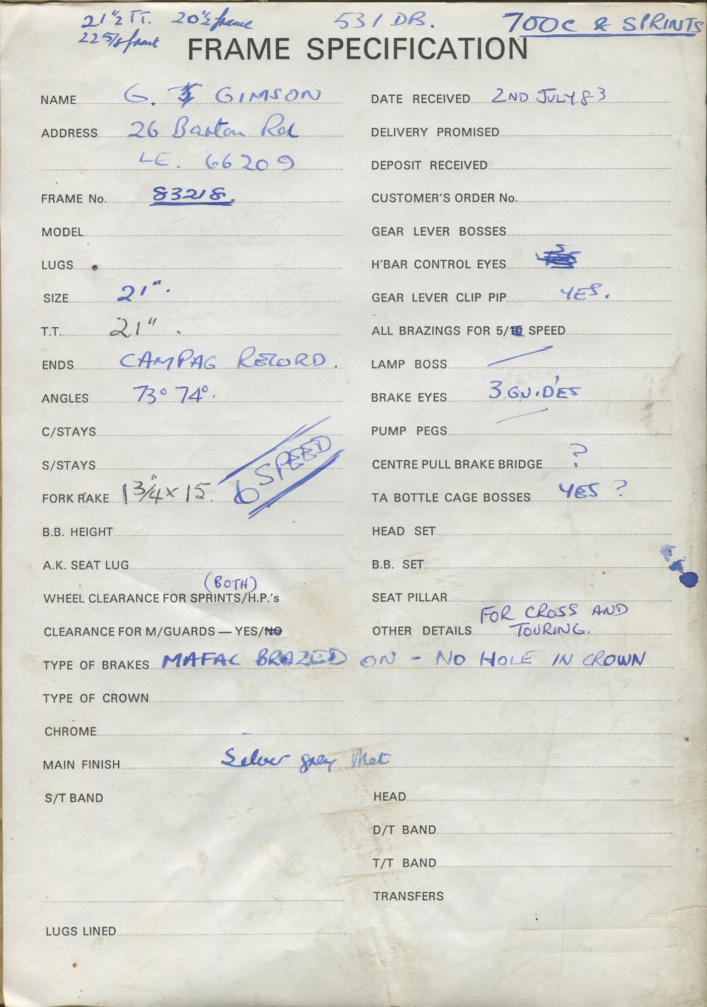 Workshop sheet for Superbe frame 83218
