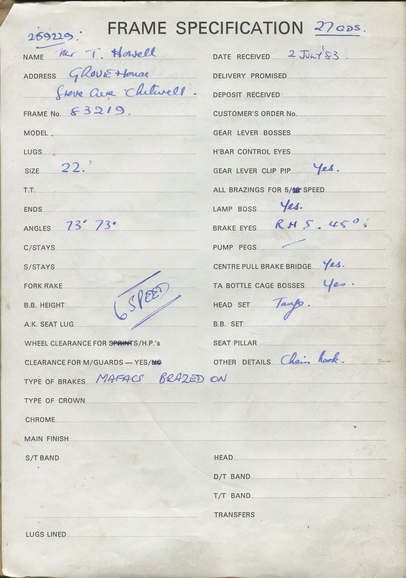 Workshop sheet for Superbe frame 83219