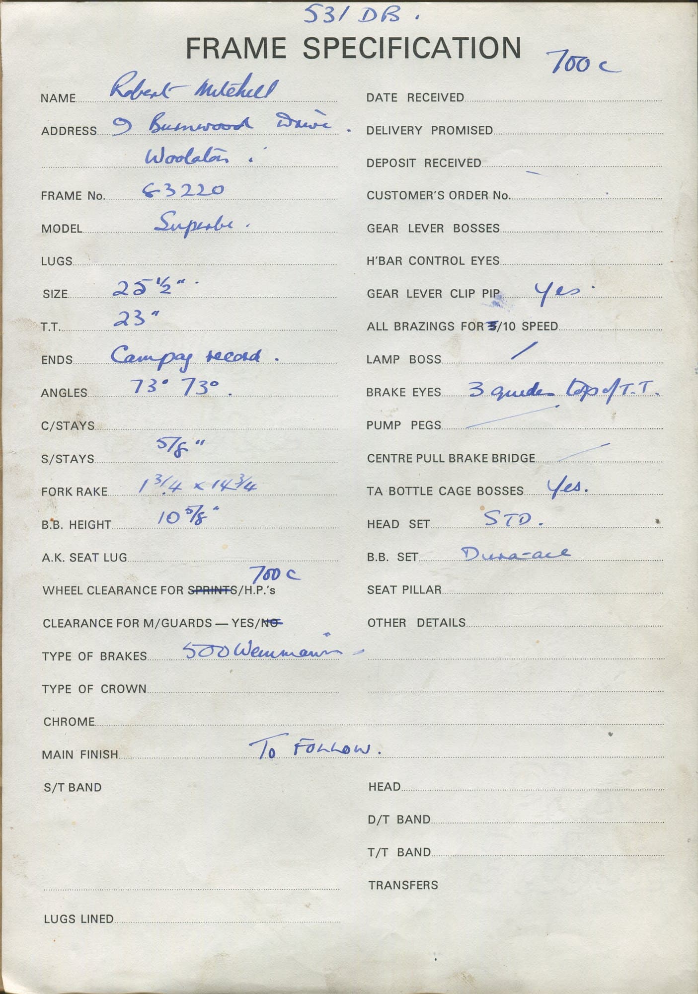 Workshop sheet for Superbe frame 83220