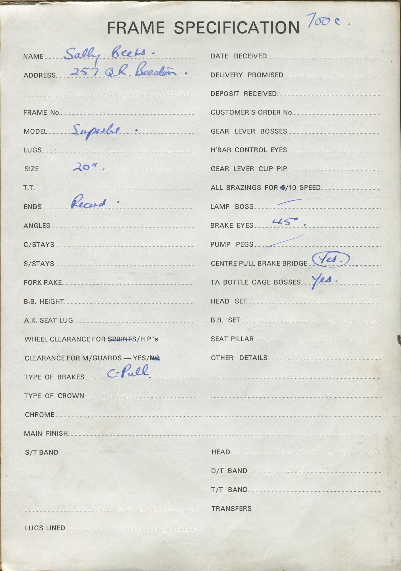 Workshop sheet for Superbe frame 83222