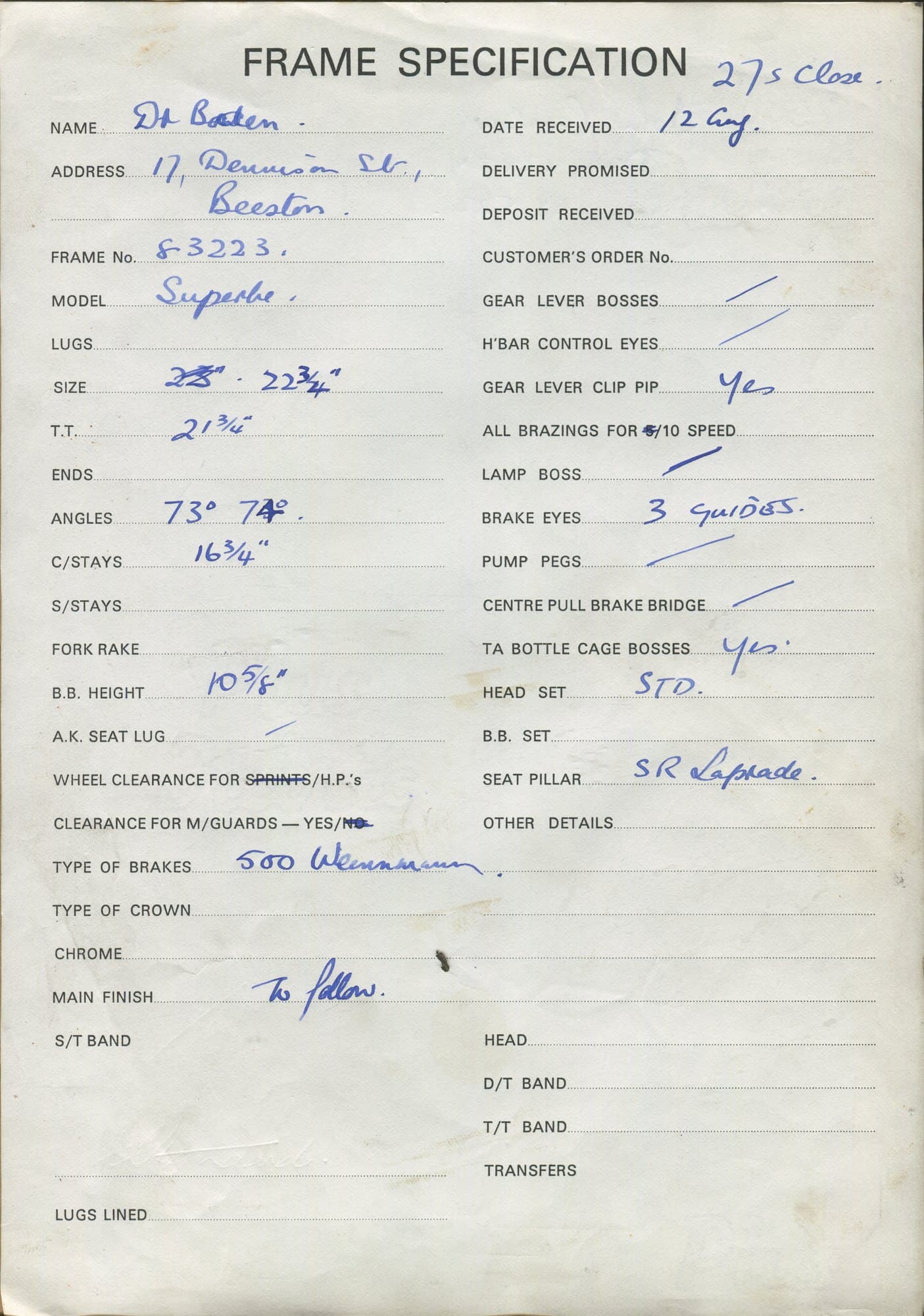 Workshop sheet for Superbe frame 83223