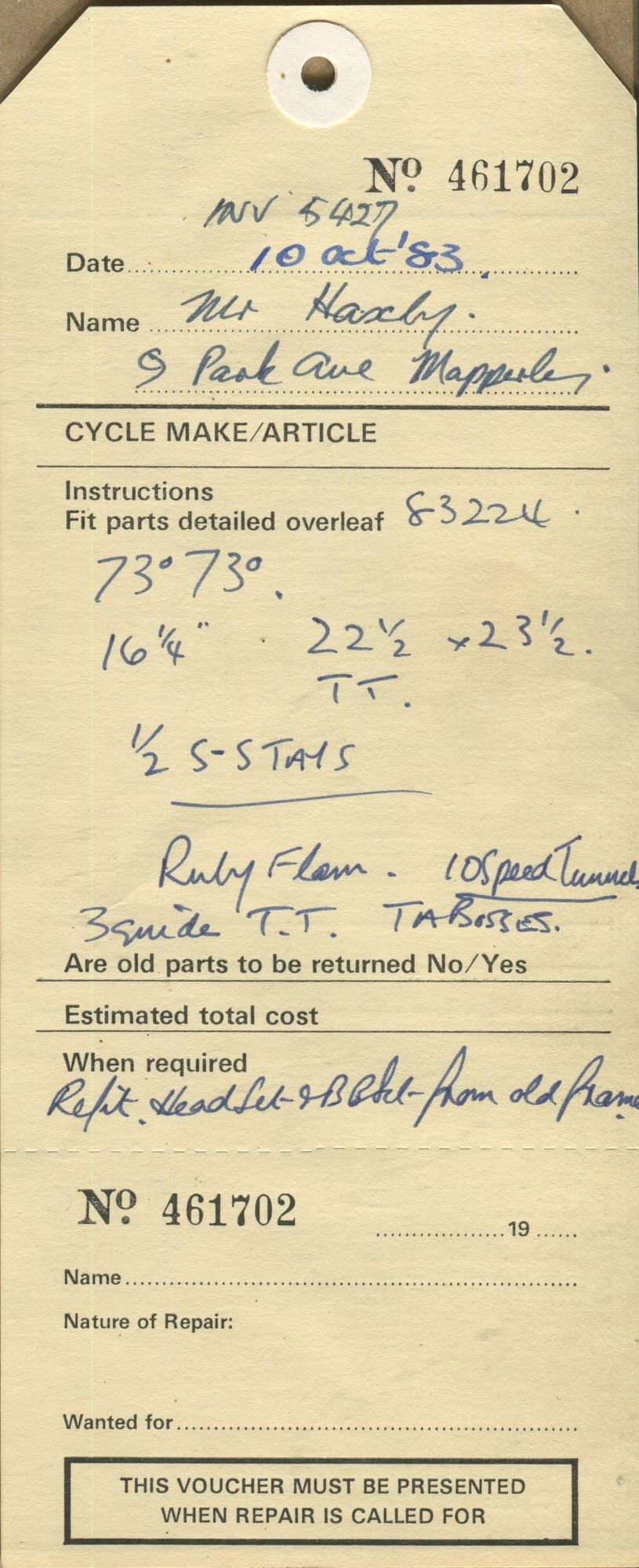 Workshop sheet for Superbe frame 83224
