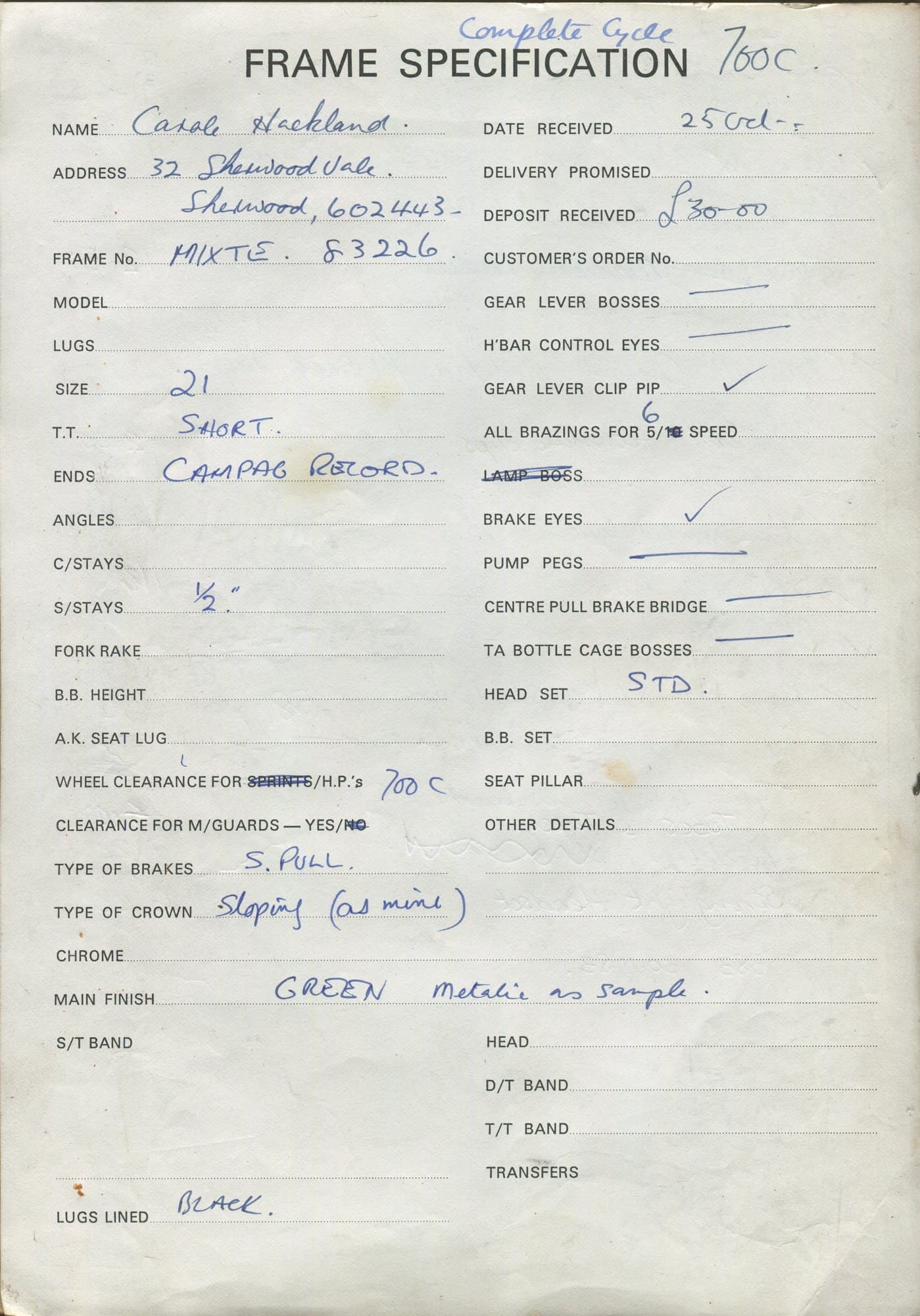 Workshop sheet for Superbe frame 83226