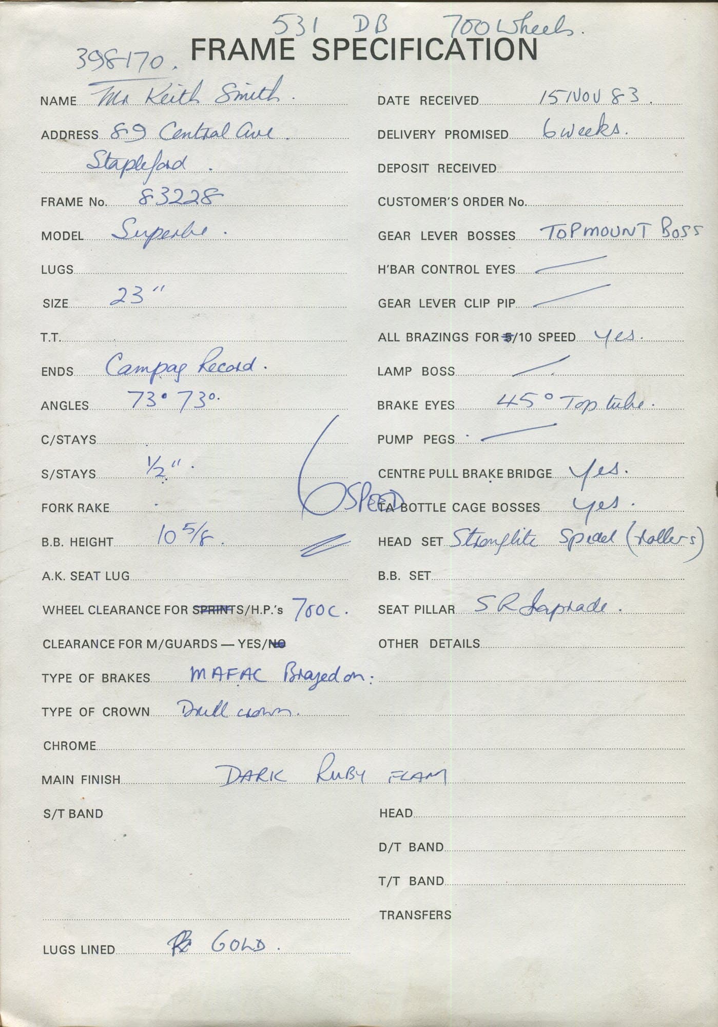 Workshop sheet for Superbe frame 83228
