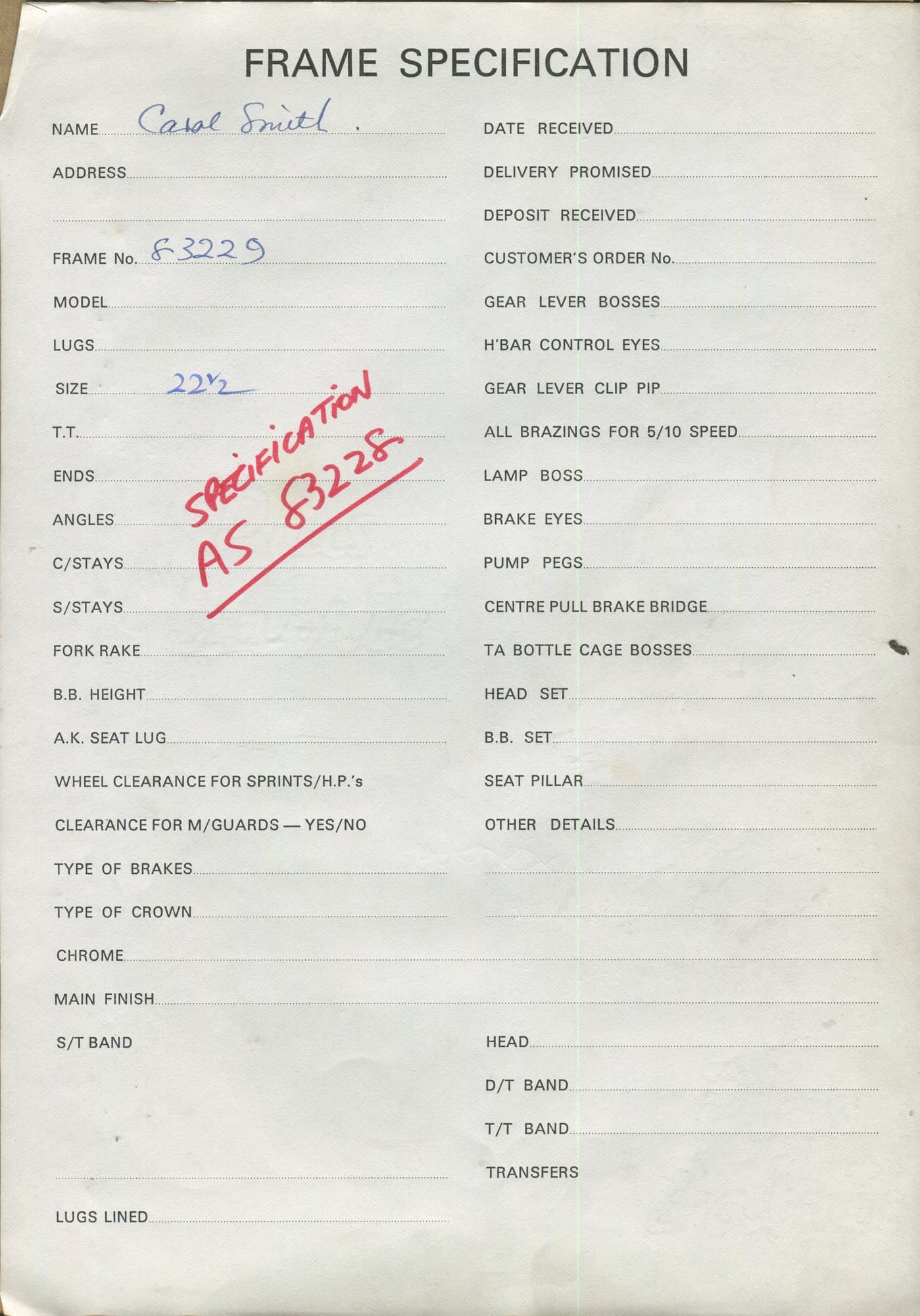 Workshop sheet for Superbe frame 83229