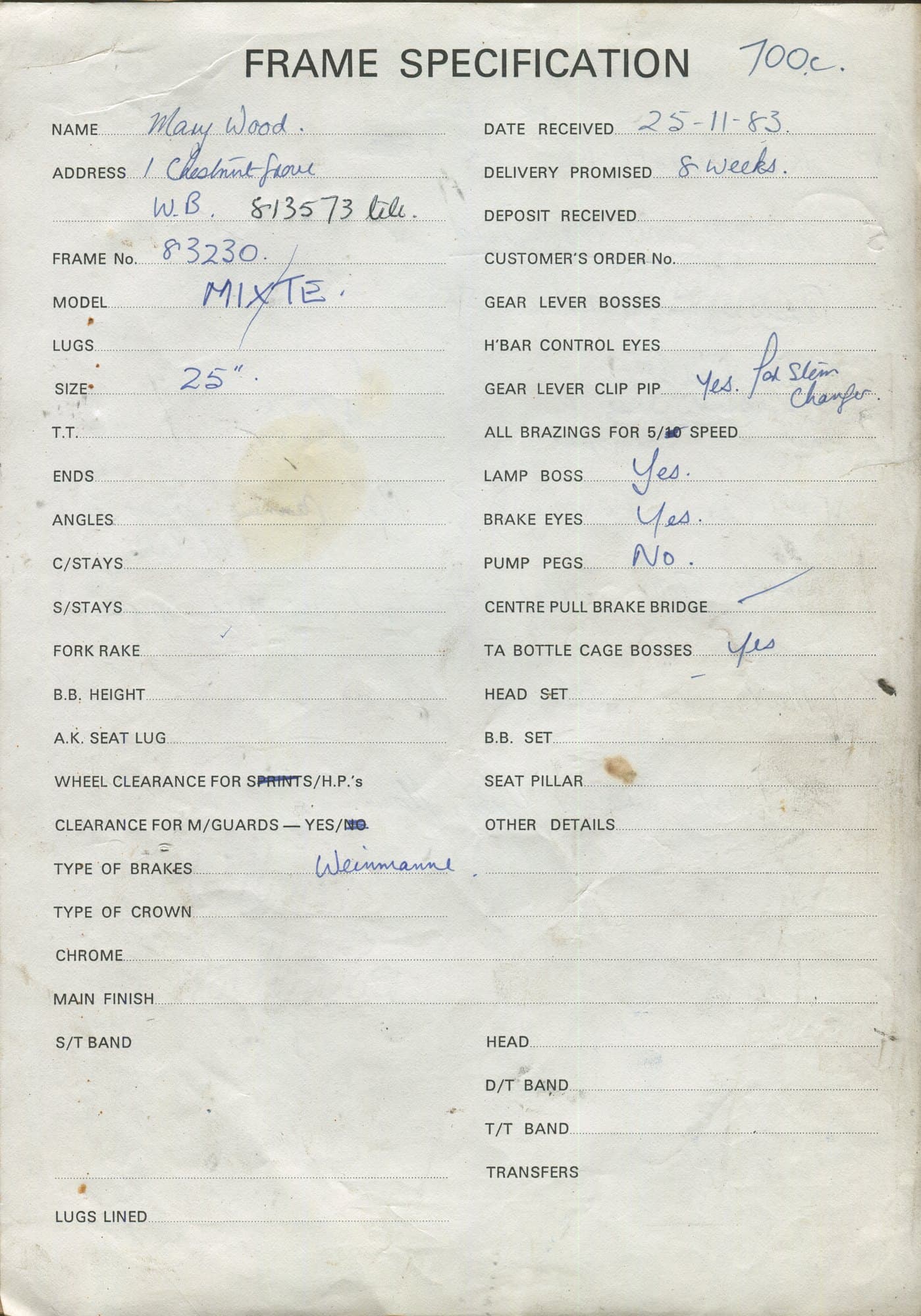 Workshop sheet for Superbe frame 83230