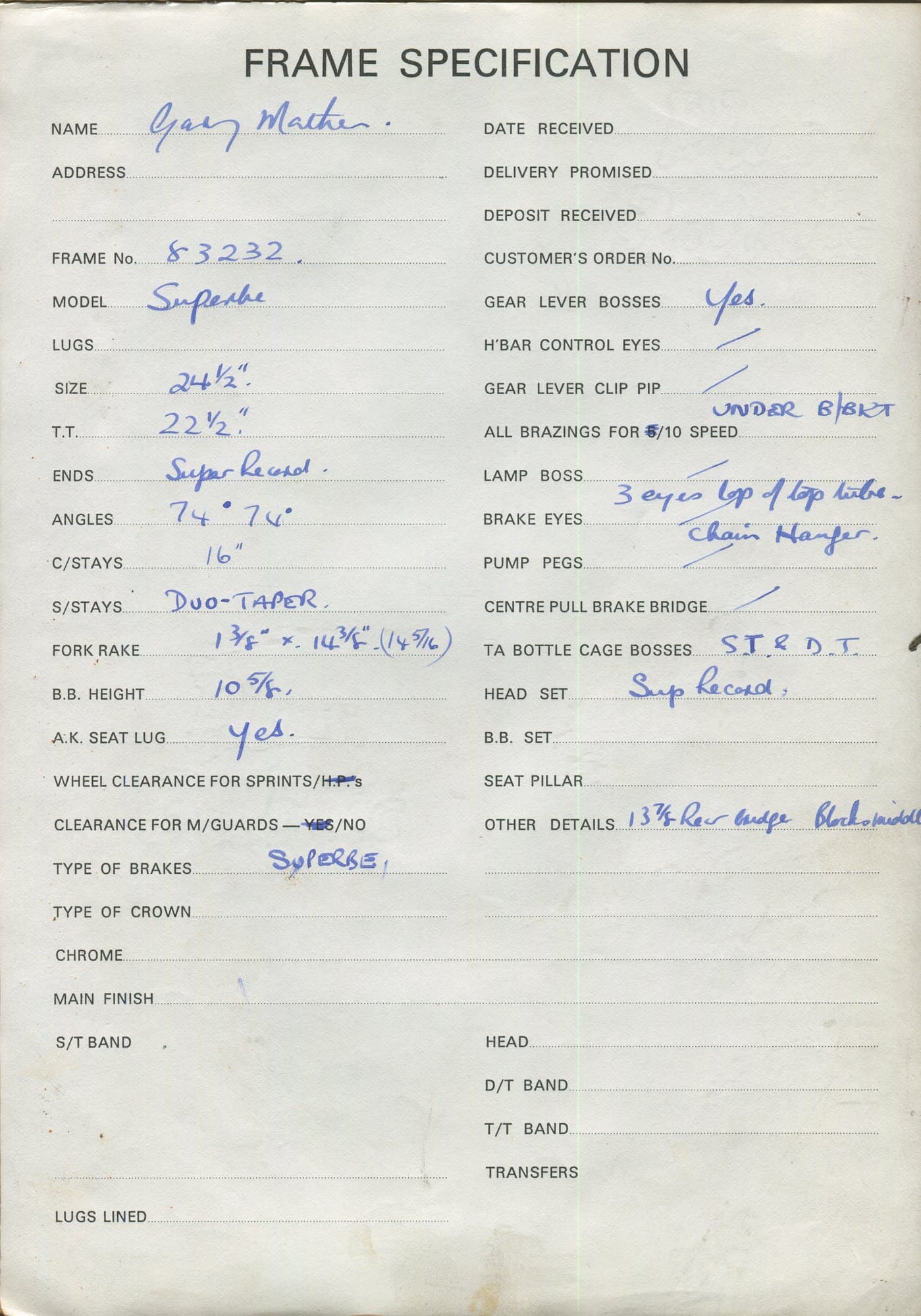 Workshop sheet for Superbe frame 83232