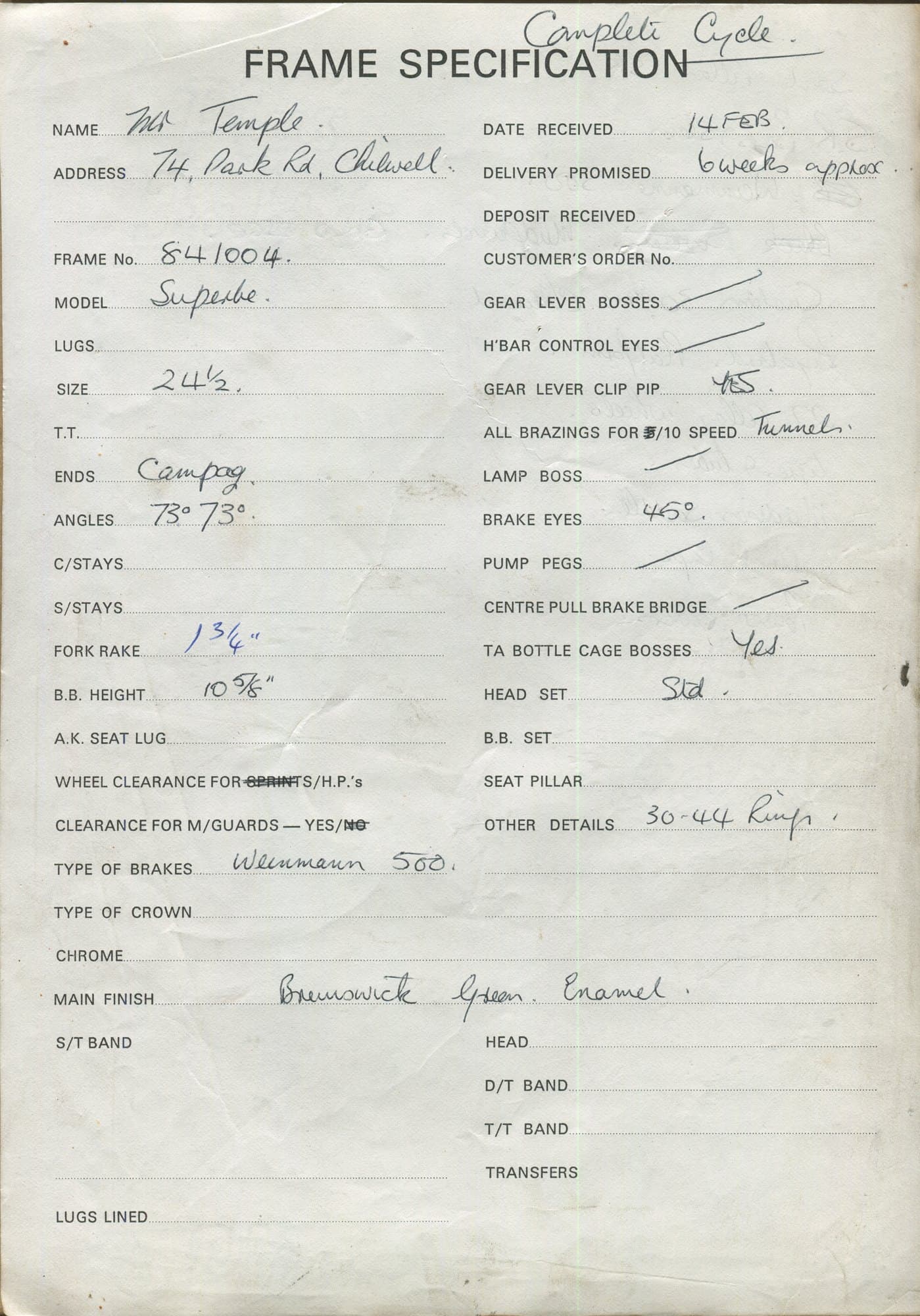 Workshop sheet for Superbe frame 841004