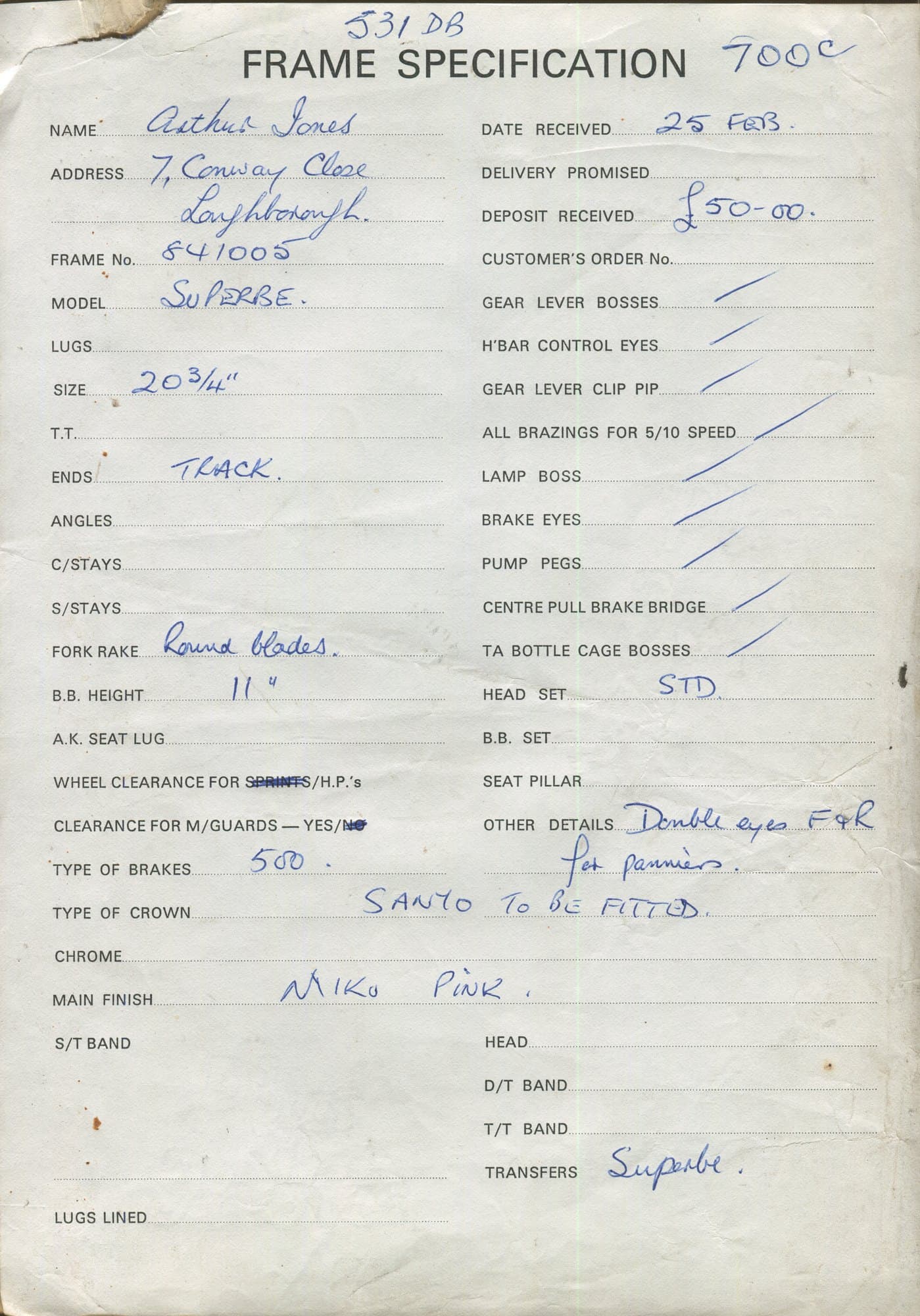 Workshop sheet for Superbe frame 841005