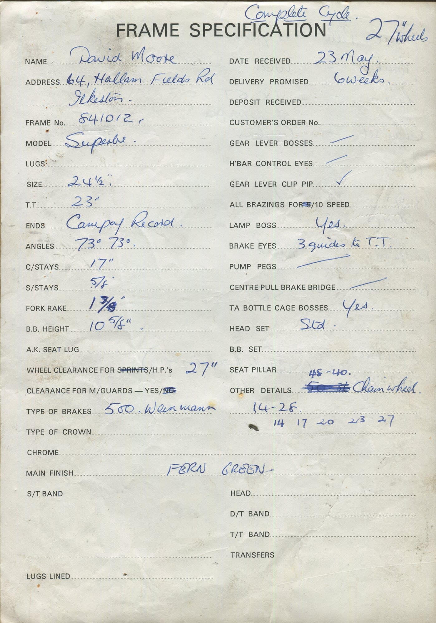 Workshop sheet for Superbe frame 841012