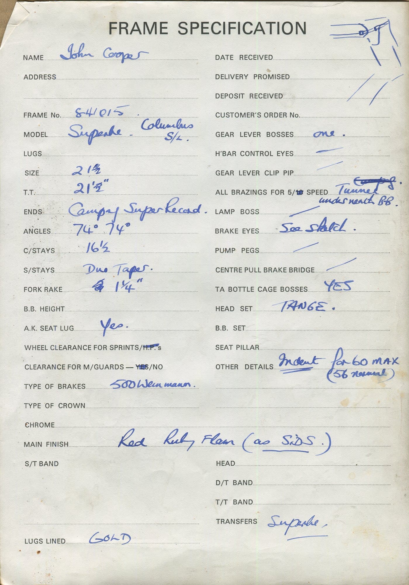 Workshop sheet for Superbe frame 841015