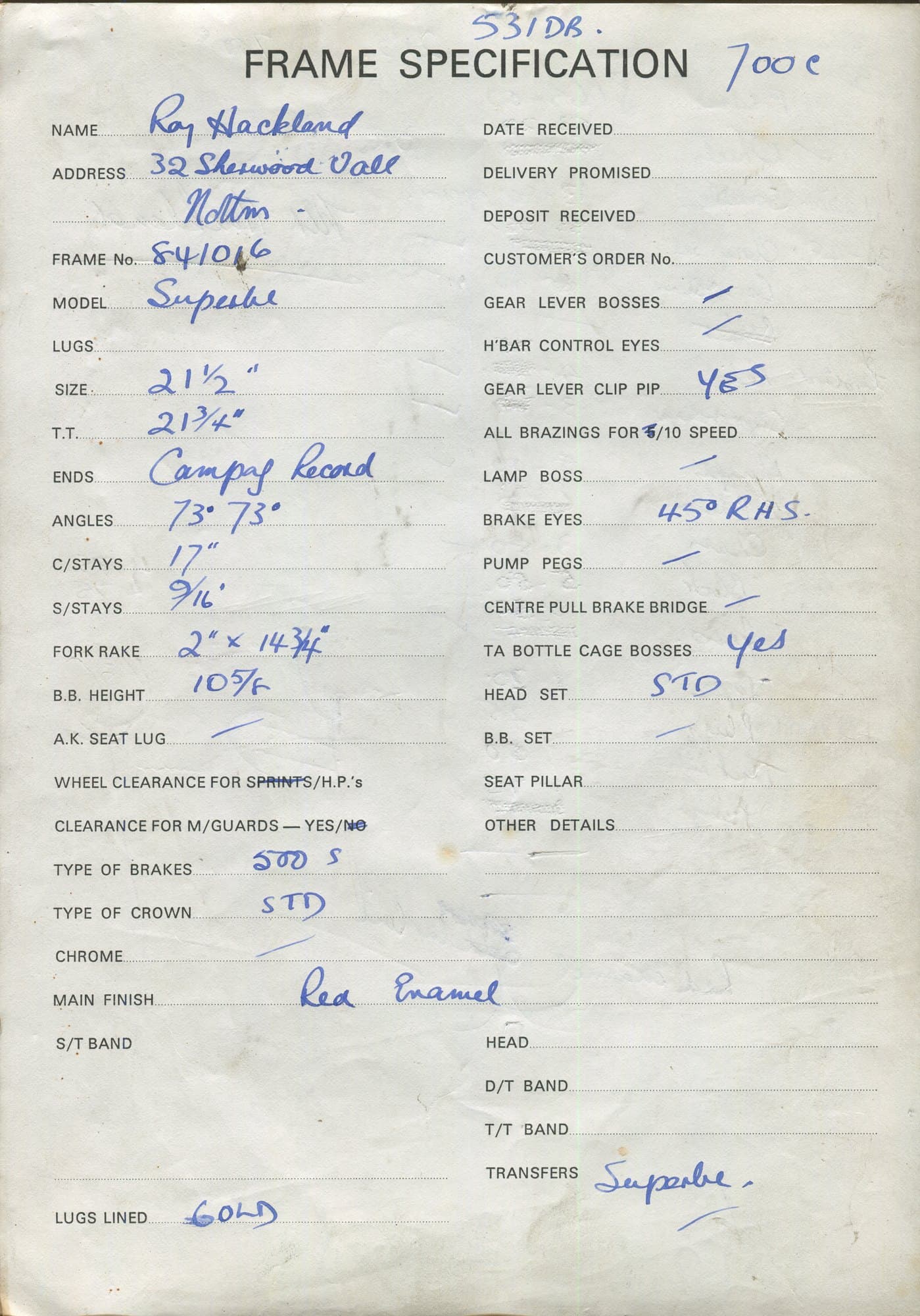 Workshop sheet for Superbe frame 841016